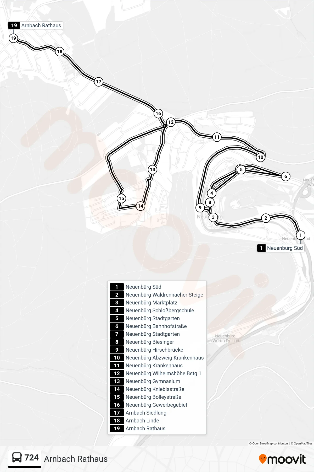 724 bus Line (Arnbach Rathaus) route and stops on a map