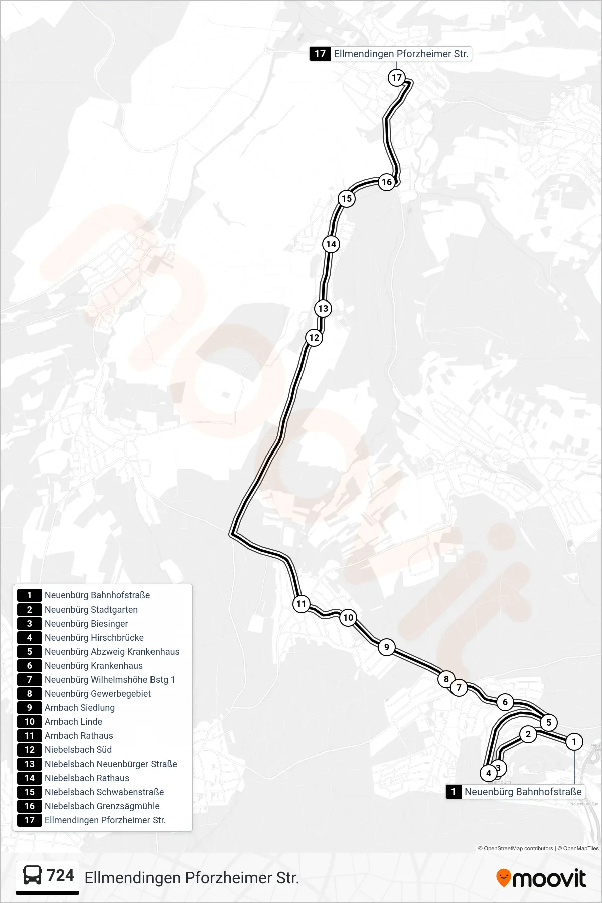 Linie 724 (Bus) Richtung Ellmendingen Pforzheimer Str.: Route und Haltestellen auf der Karte