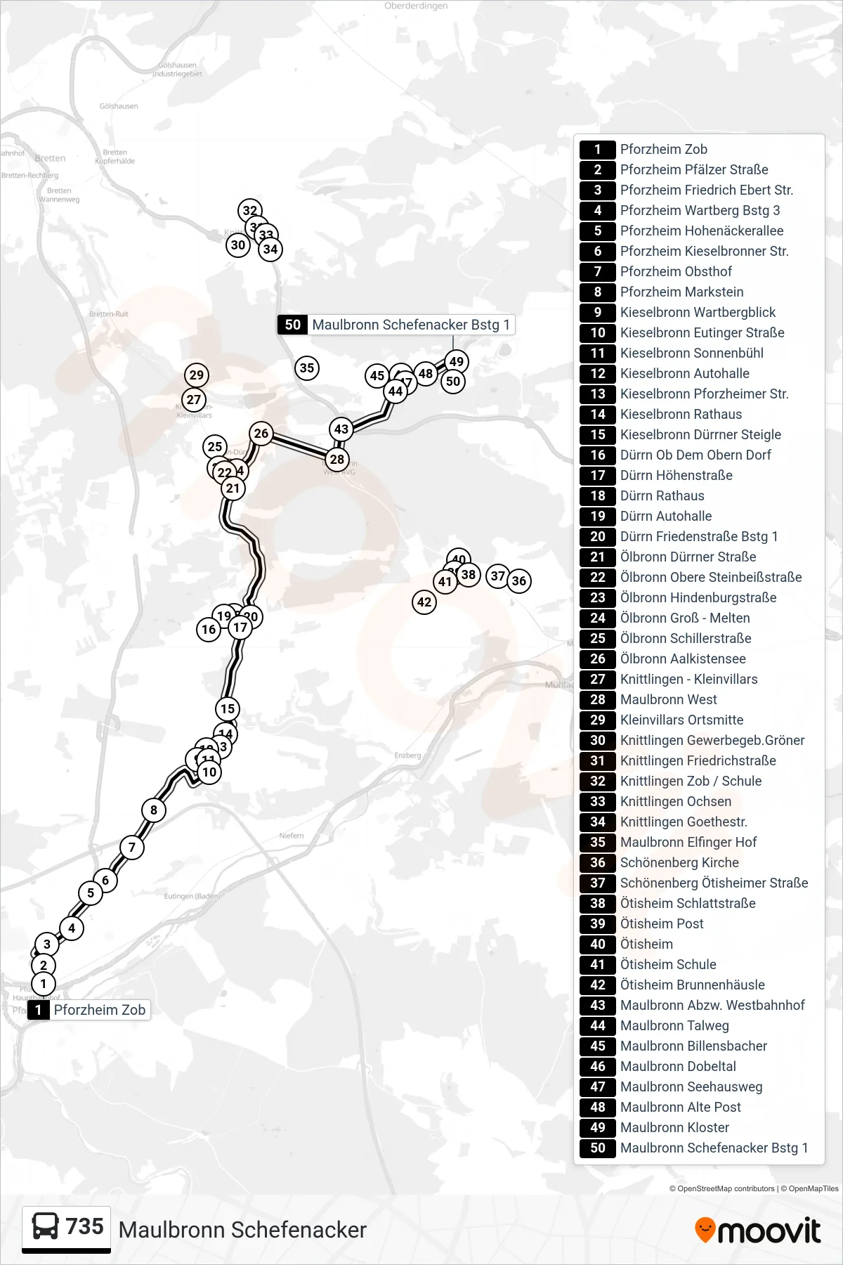 735 bus Line (Maulbronn Schefenacker) route and stops on a map