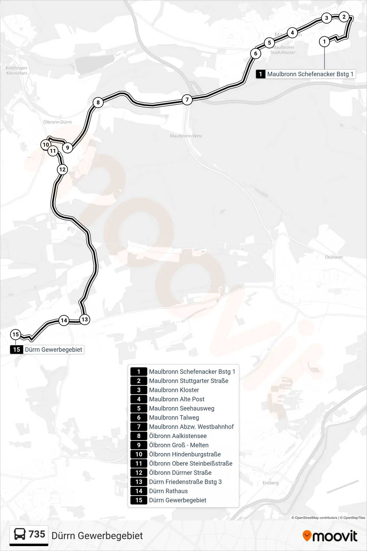 735 bus Line (Dürrn Gewerbegebiet) route and stops on a map