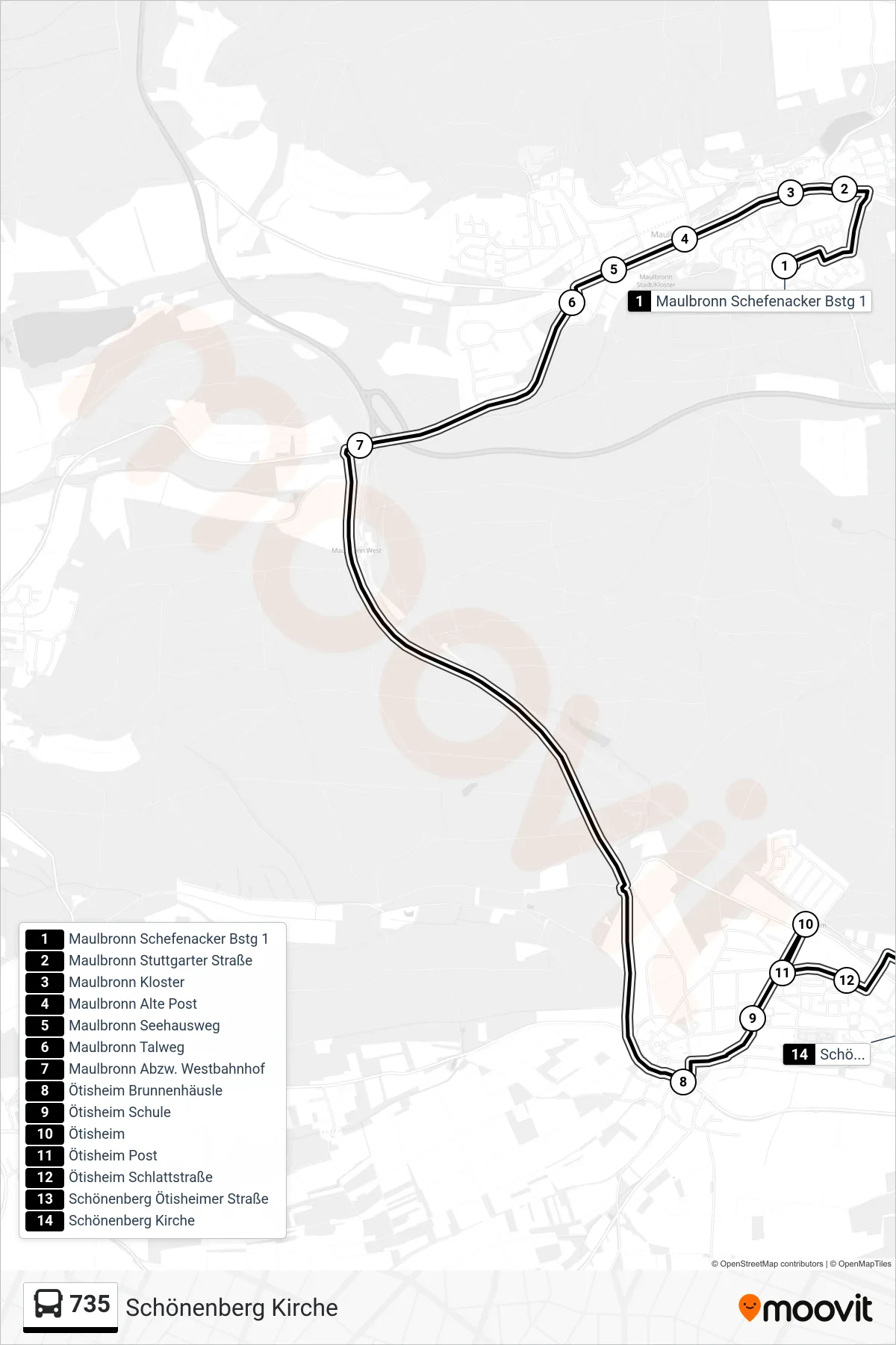 735 bus Line (Schönenberg Kirche) route and stops on a map