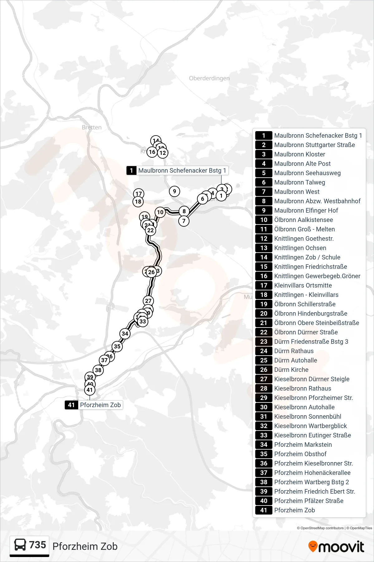 735 bus Line (Pforzheim Zob) route and stops on a map