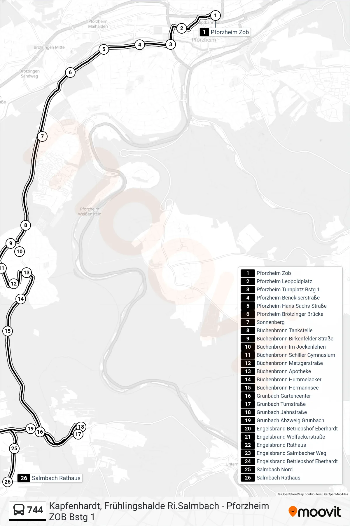 744 bus Line (Salmbach Rathaus) route and stops on a map