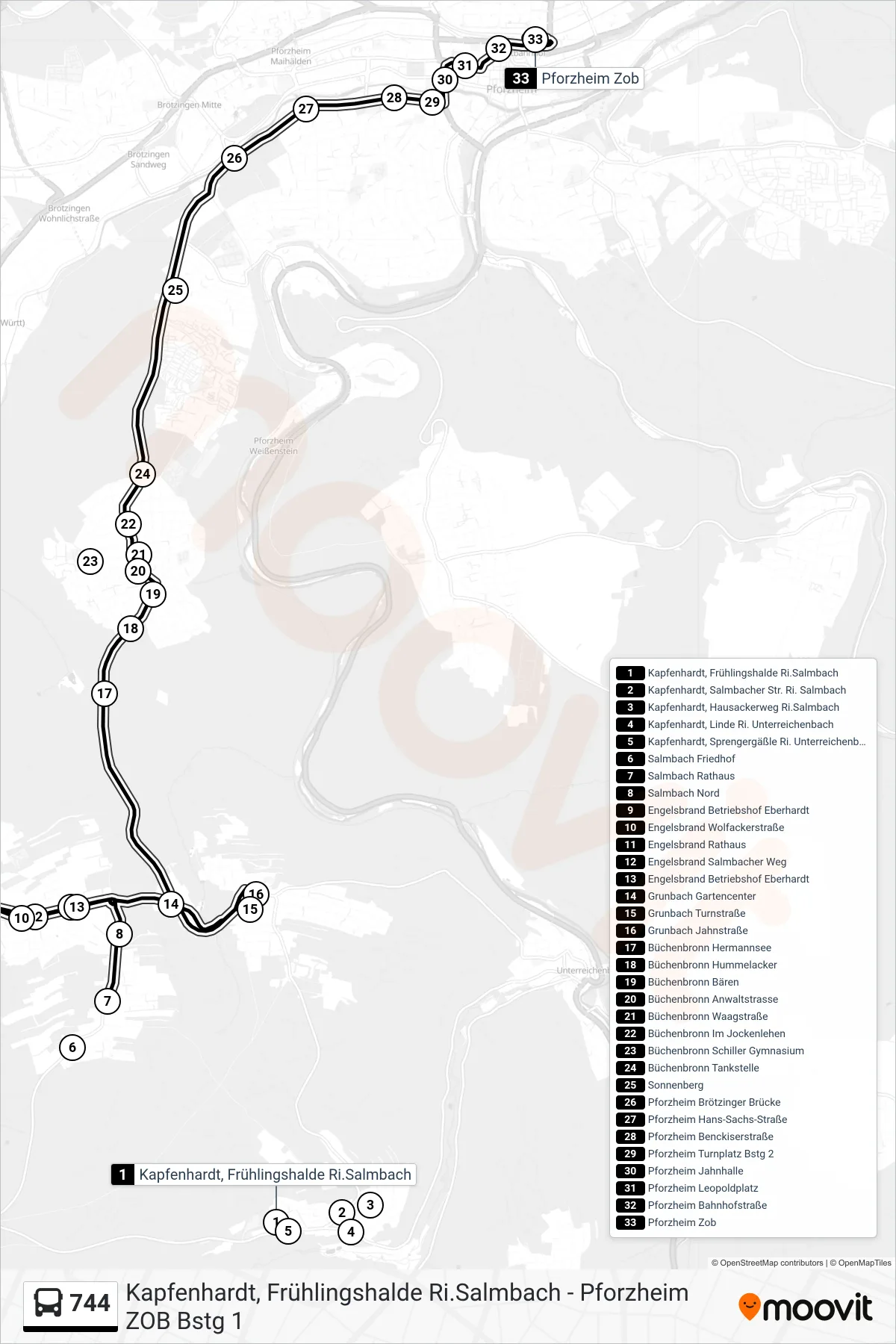 744 bus Line (Pforzheim Zob) route and stops on a map