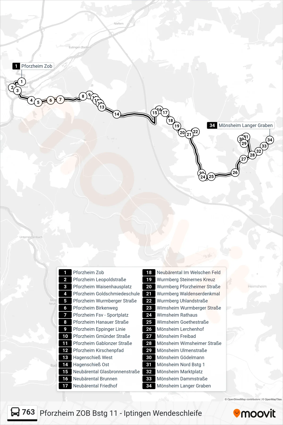 Linie 763 (Bus) Richtung Mönsheim Langer Graben: Route und Haltestellen auf der Karte