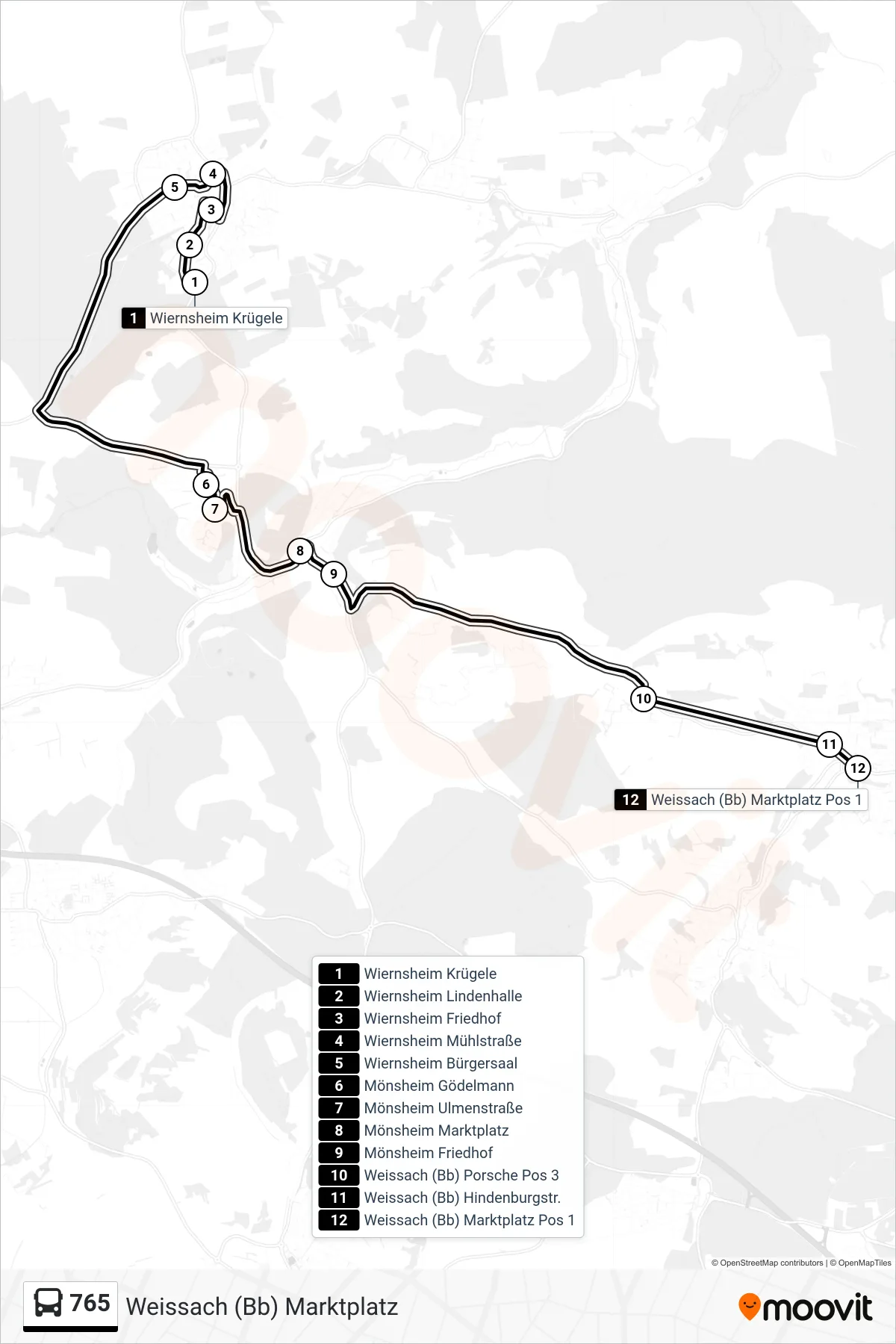 Linie 765 (Bus) Richtung Weissach (Bb) Marktplatz: Route und Haltestellen auf der Karte