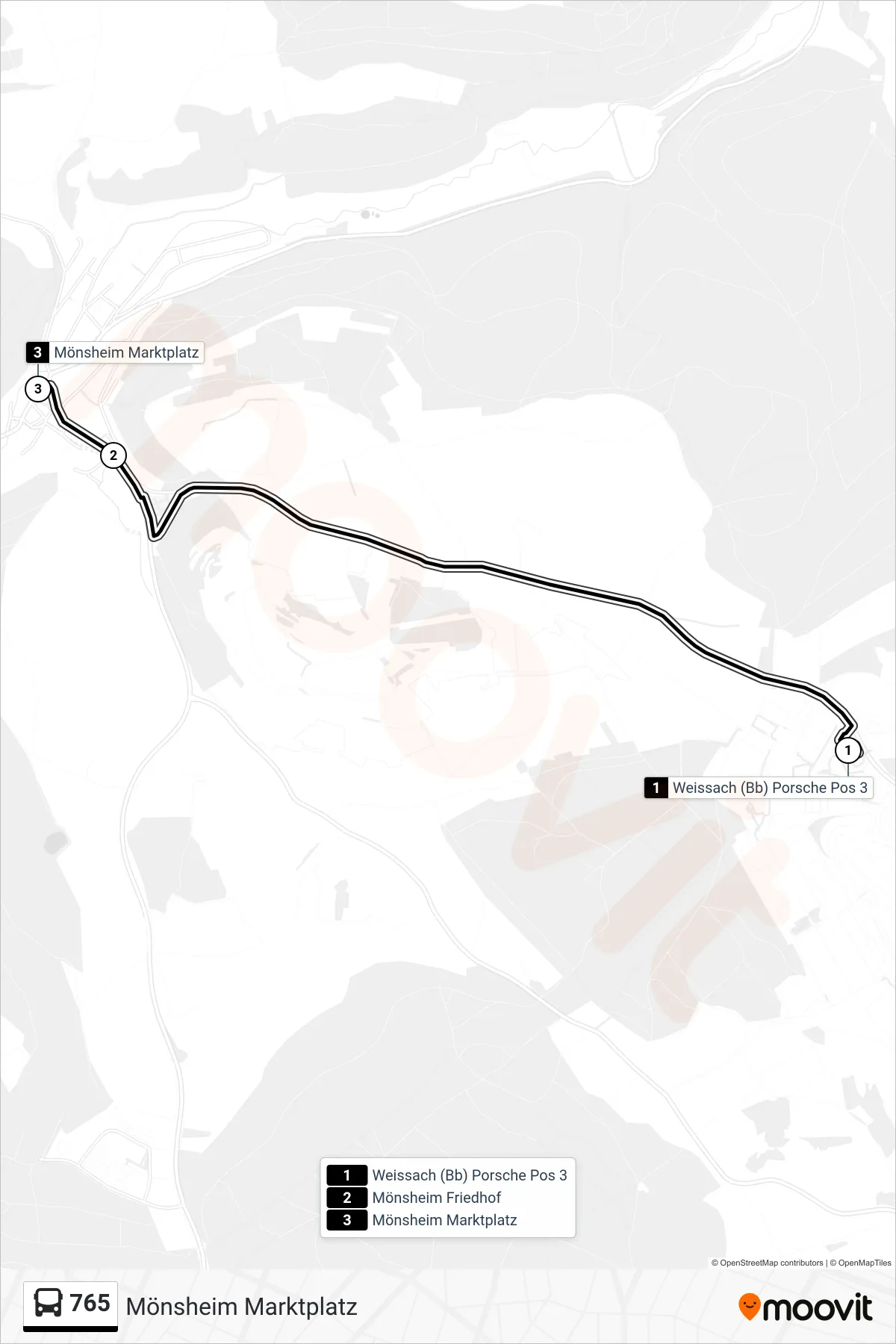 765 bus Line (Mönsheim Marktplatz) route and stops on a map