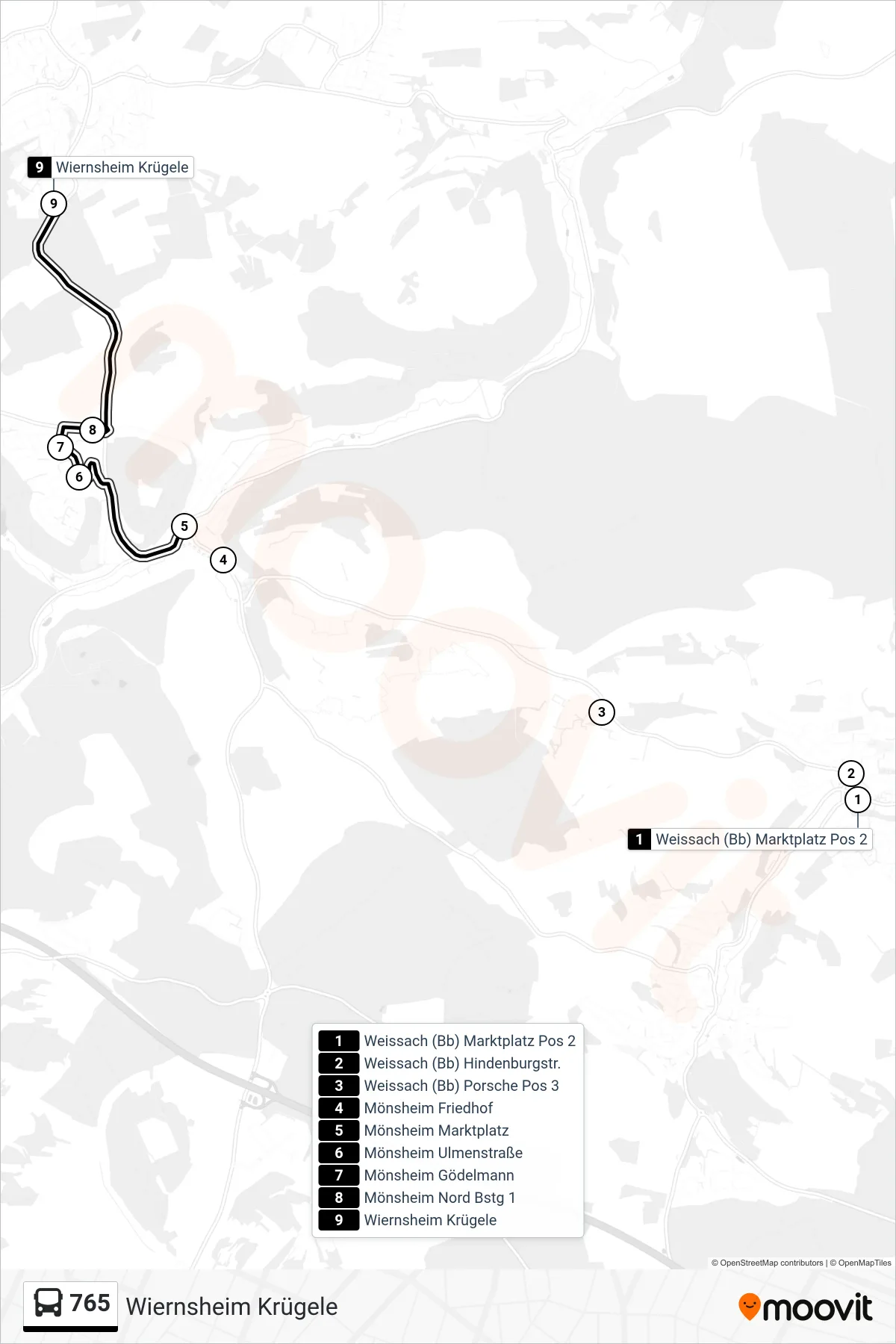 765 bus Line (Wiernsheim Krügele) route and stops on a map