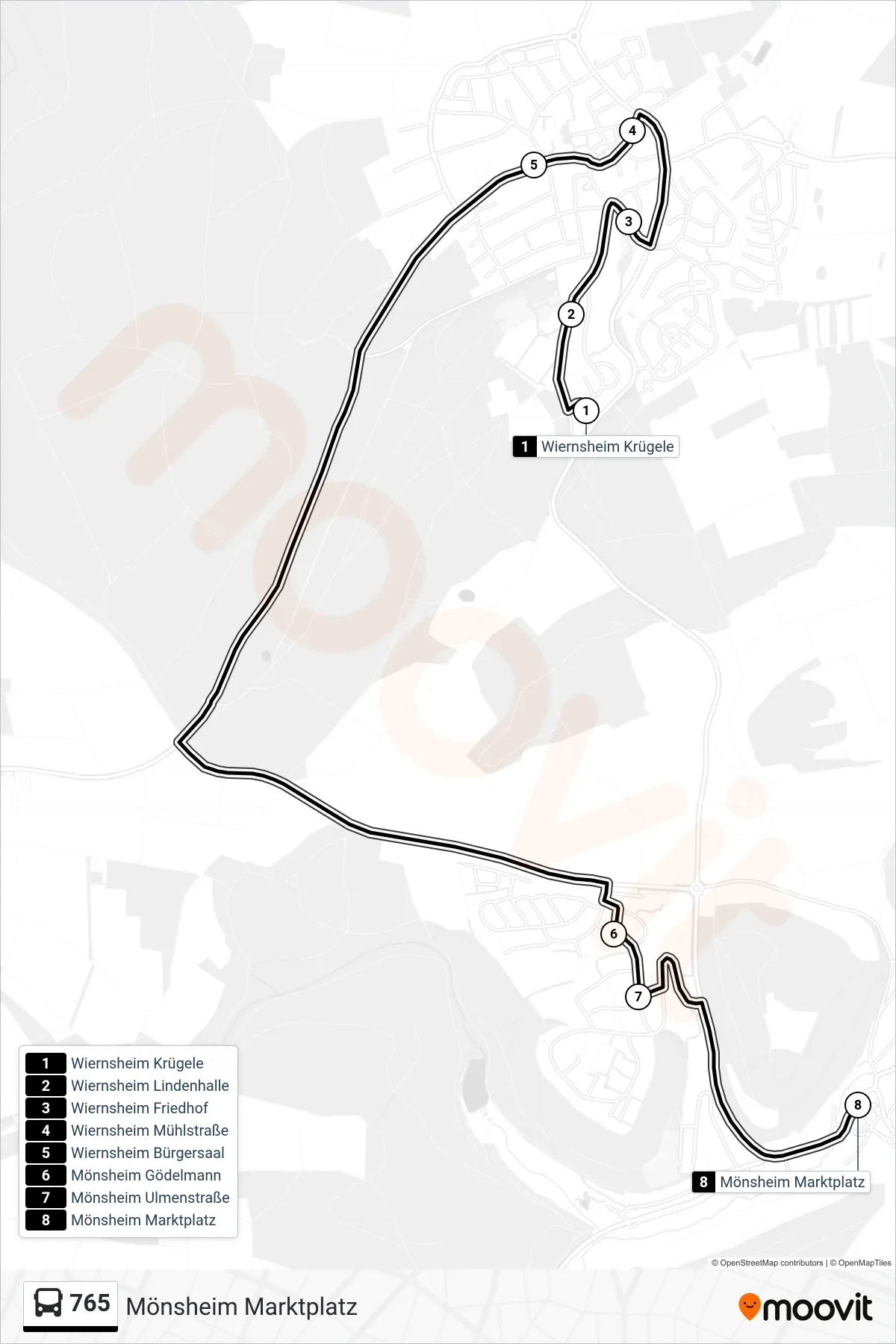 765 bus Line (Mönsheim Marktplatz) route and stops on a map