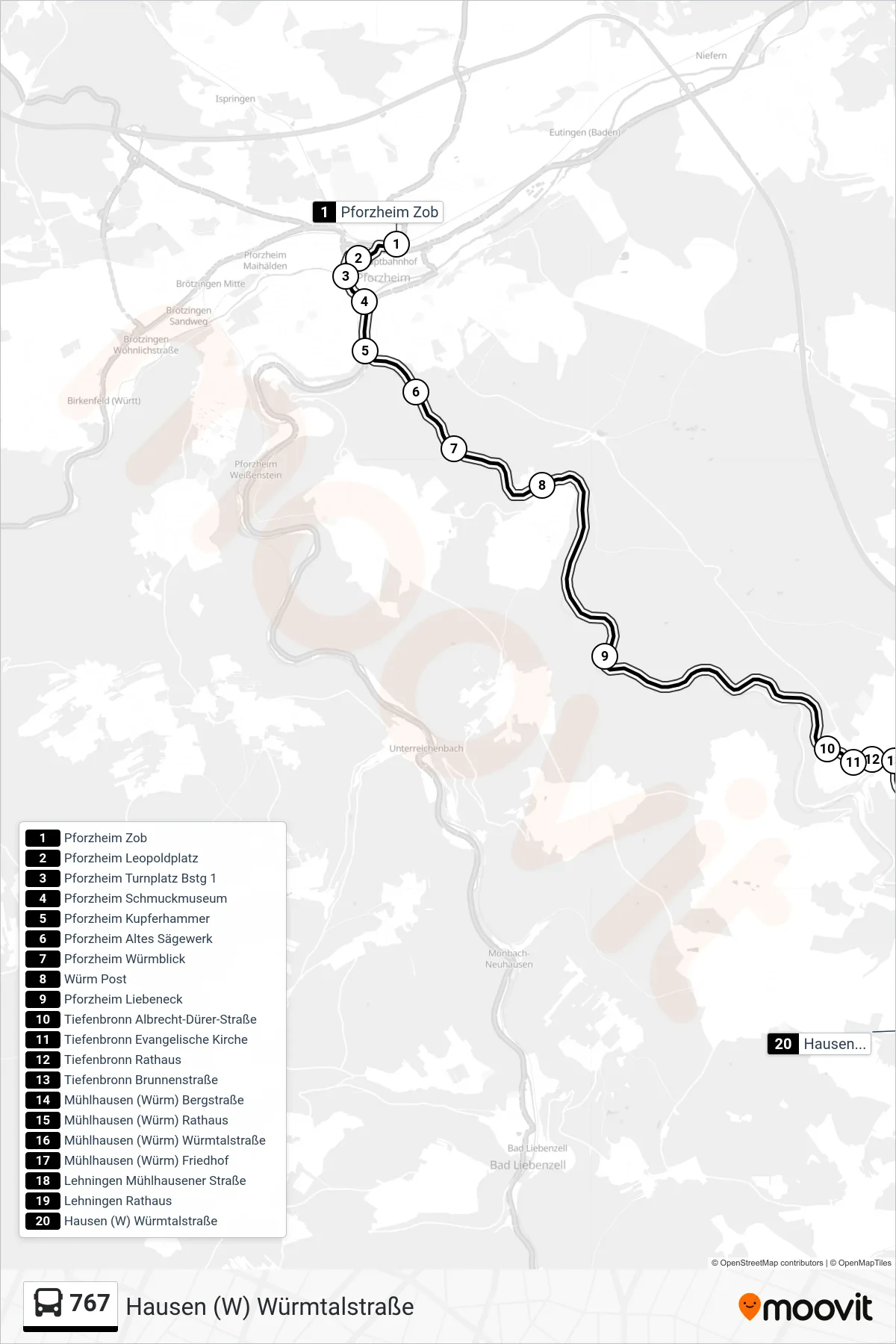 767 bus Line (Hausen (W) Würmtalstraße) route and stops on a map