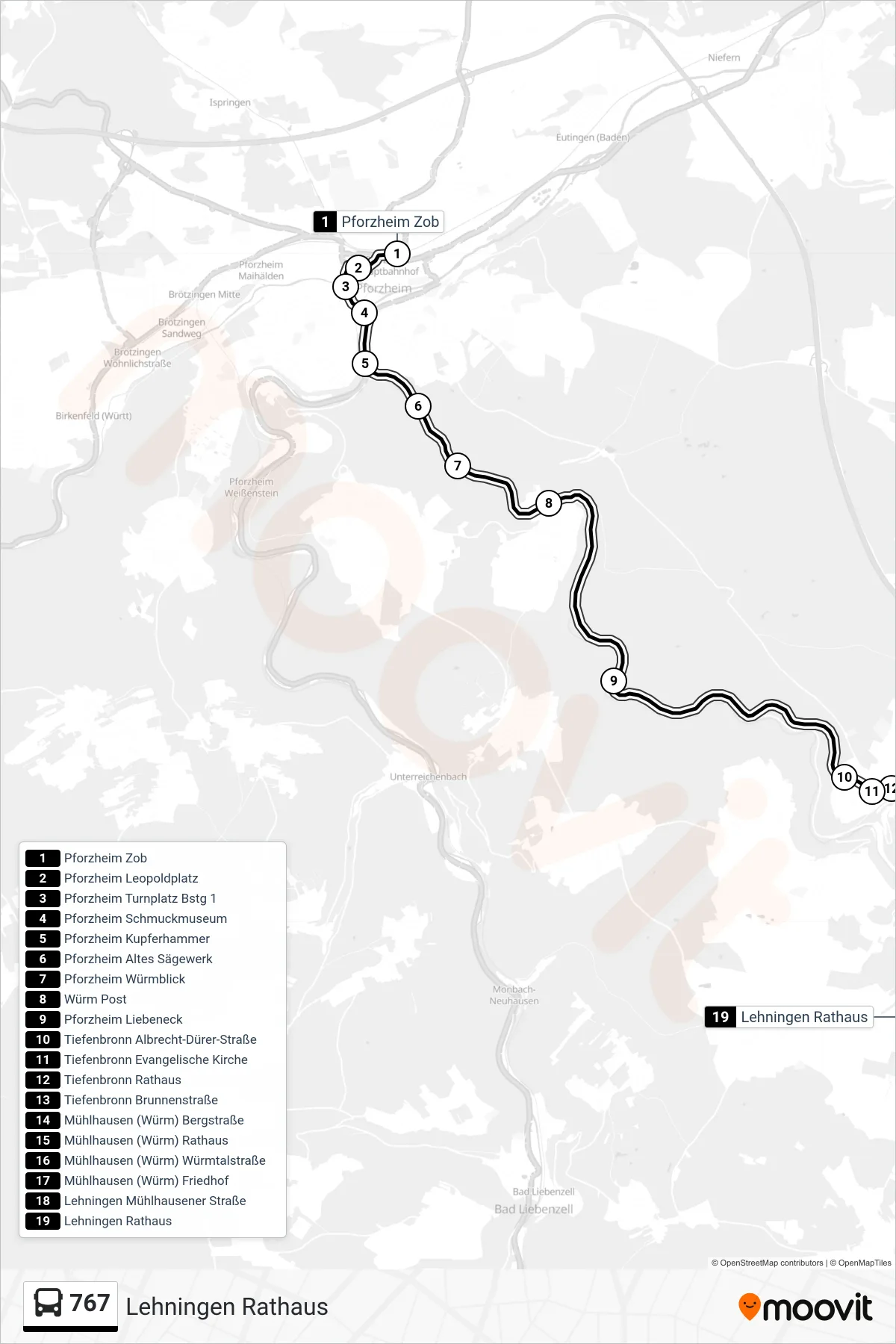 767 bus Line (Lehningen Rathaus) route and stops on a map
