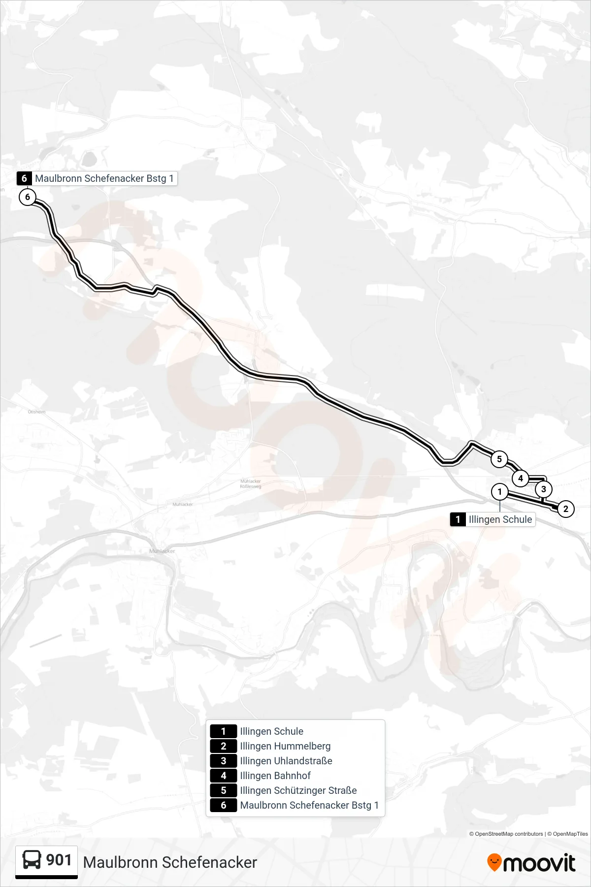 901 bus Line (Maulbronn Schefenacker) route and stops on a map