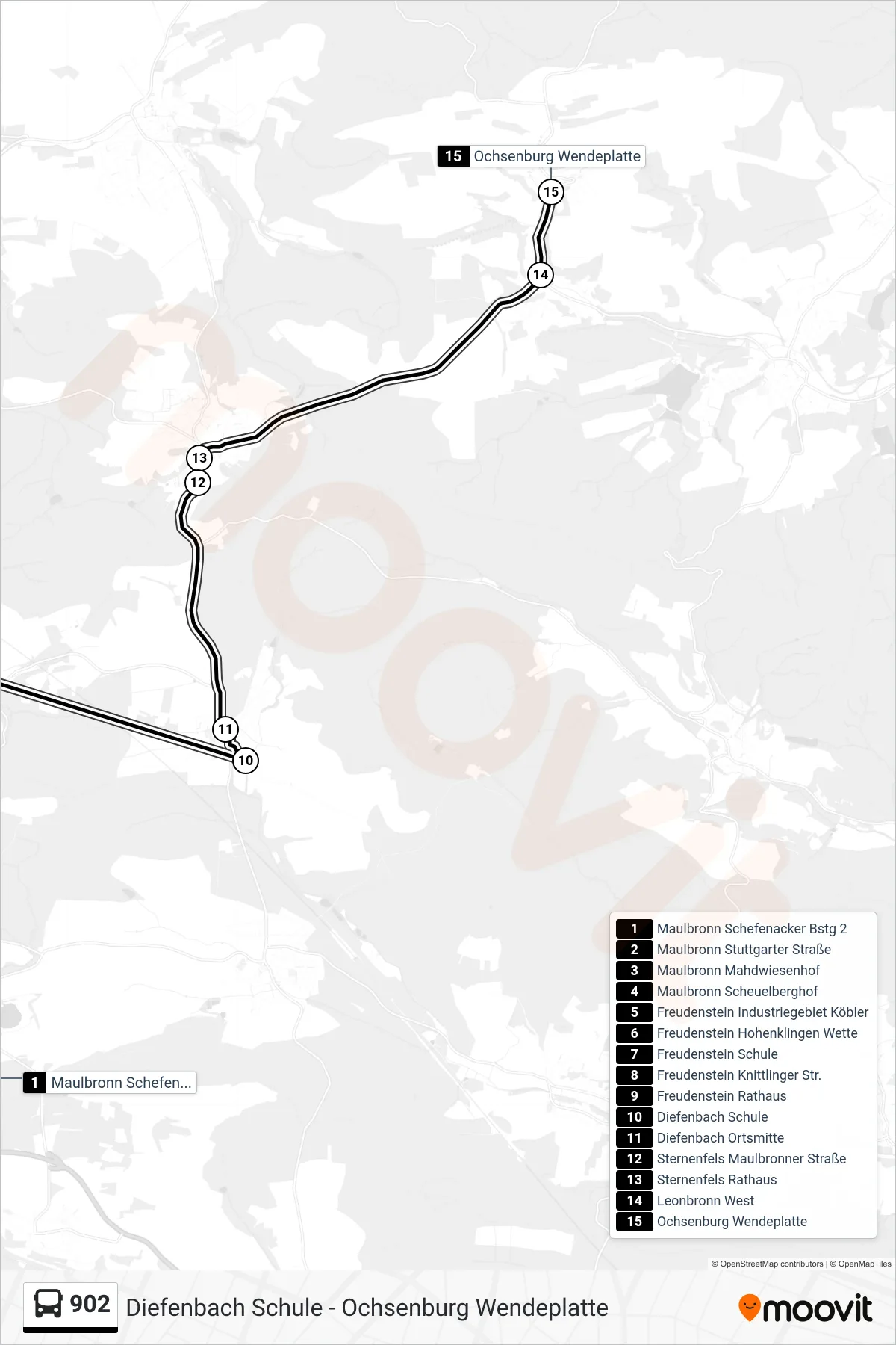 902 bus Line (Ochsenburg Wendeplatte) route and stops on a map