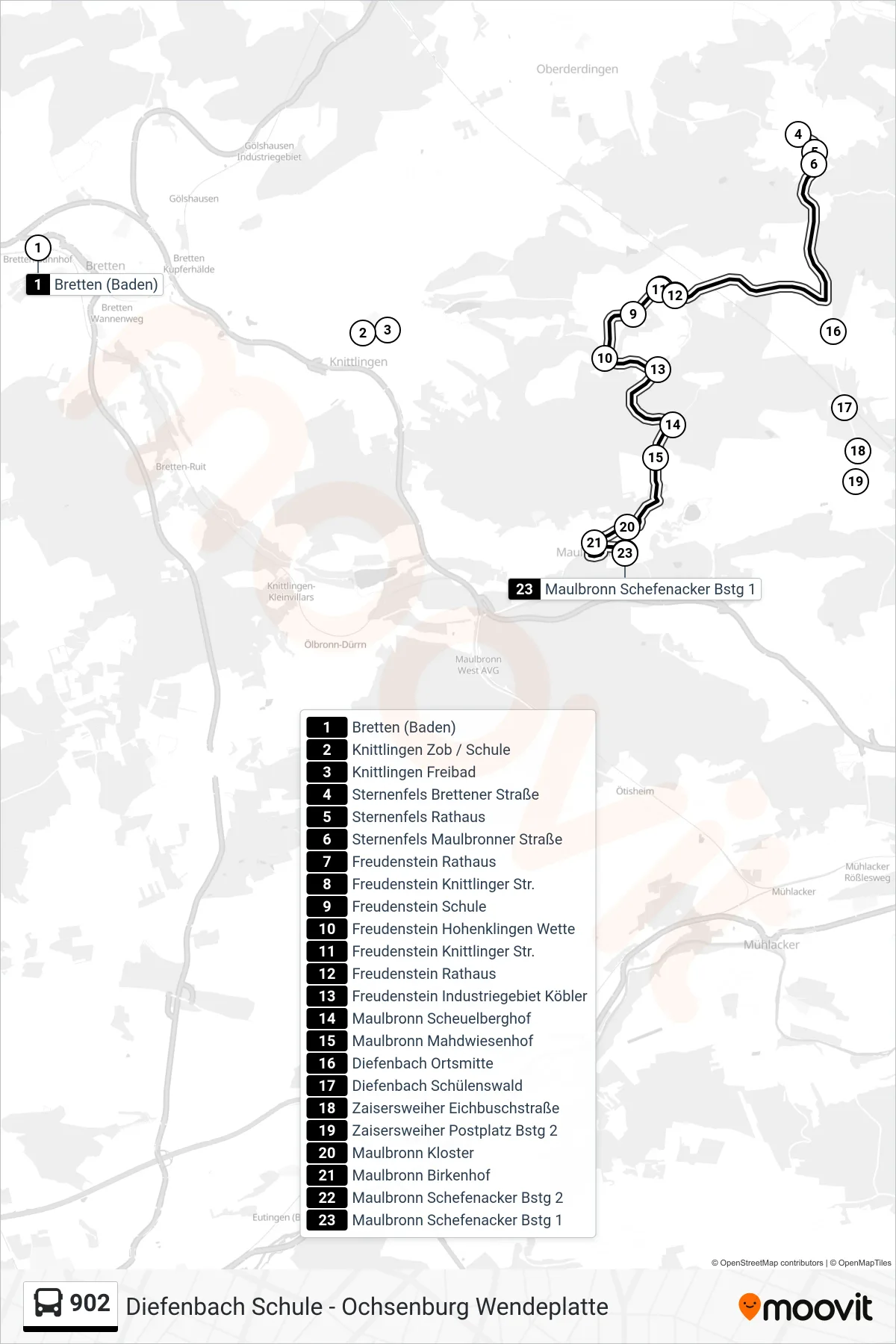 902 bus Line (Maulbronn Schefenacker) route and stops on a map