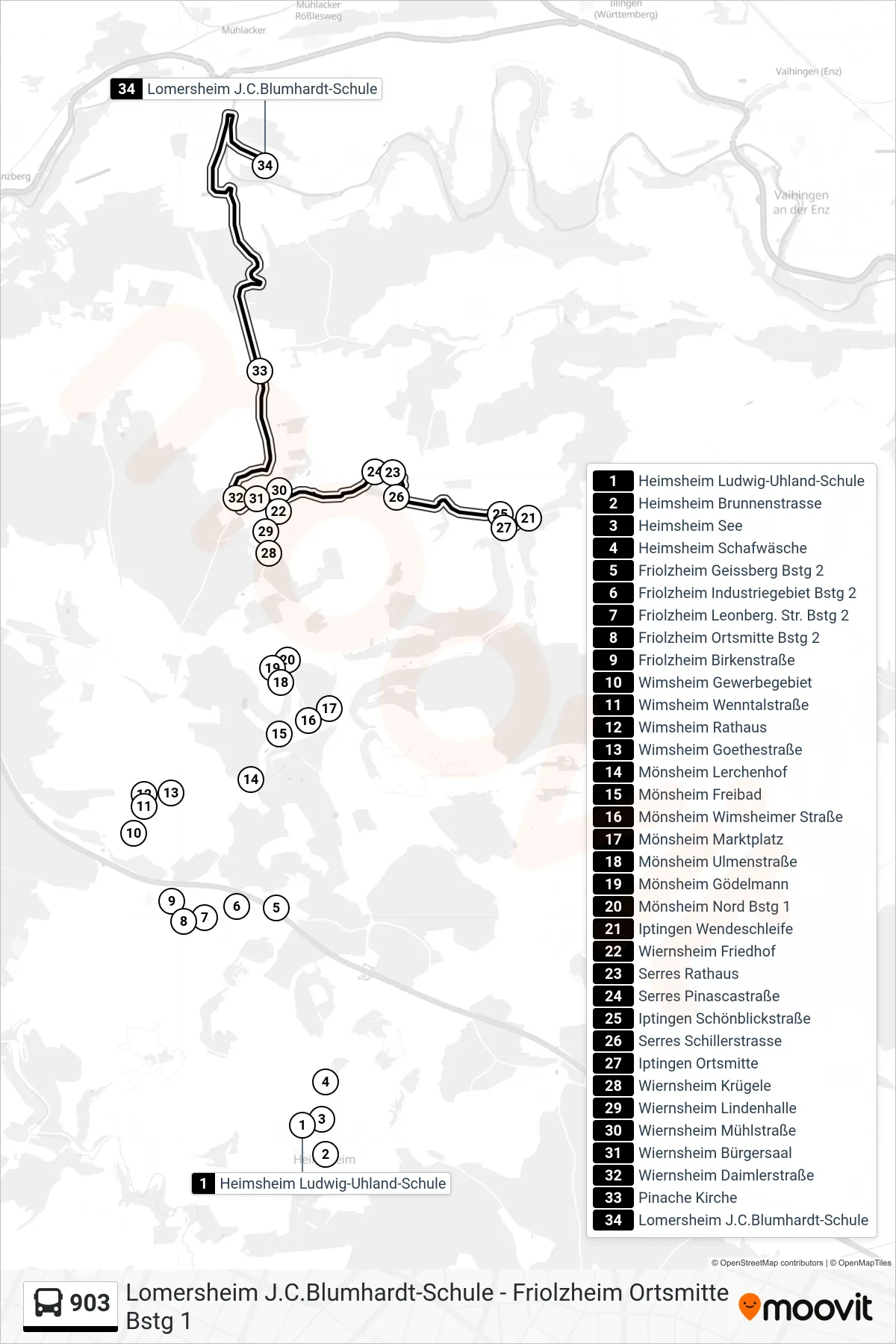 903 bus Line (Lomersheim J.C.Blumhardt-Schule) route and stops on a map