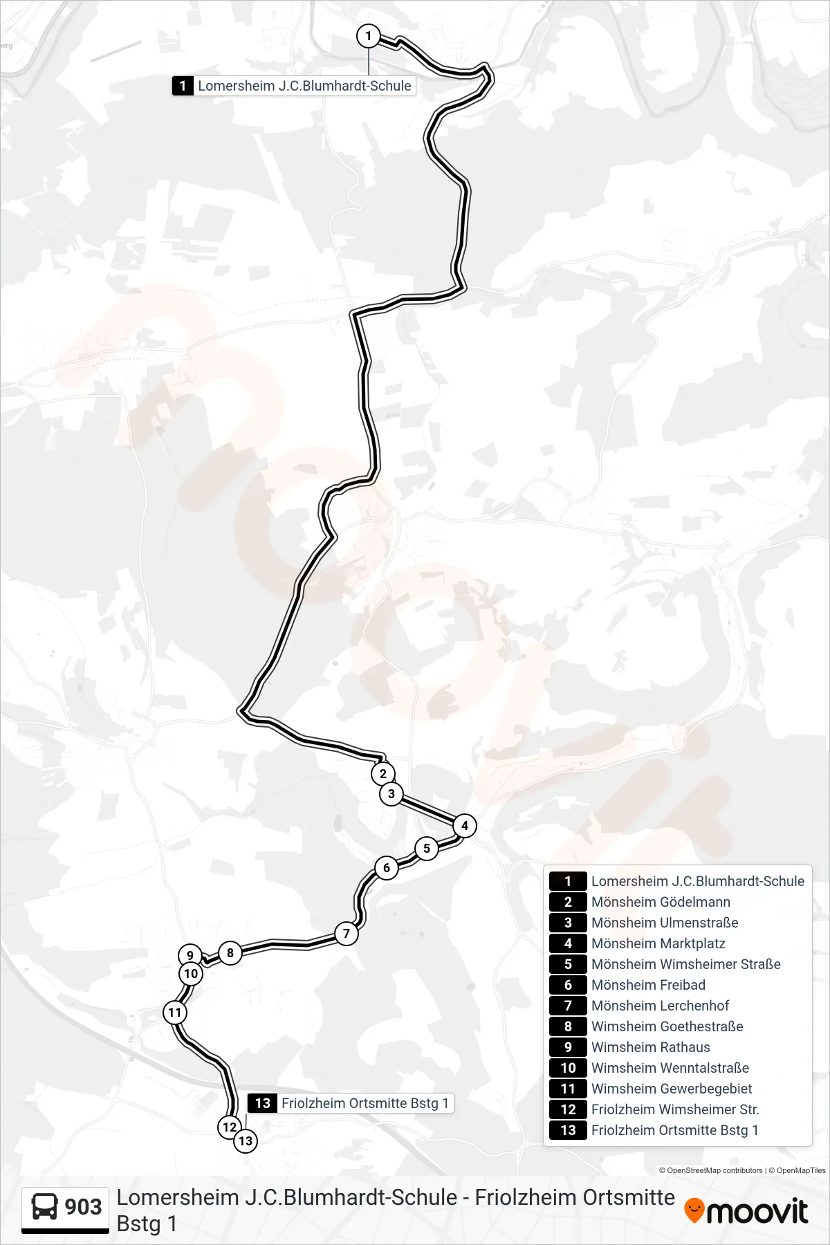 903 bus Line (Friolzheim Ortsmitte) route and stops on a map