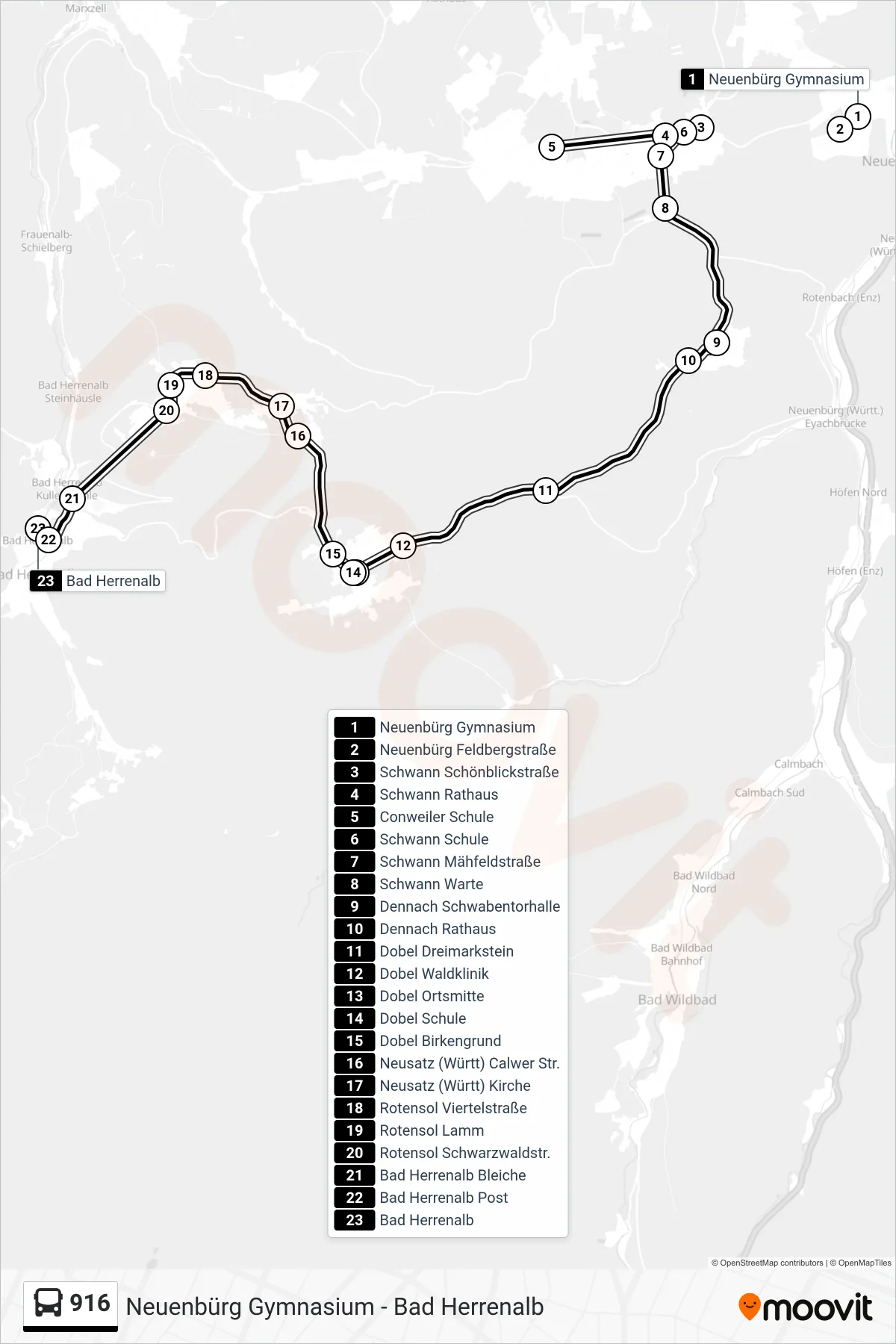 916 bus Line (Bad Herrenalb) route and stops on a map