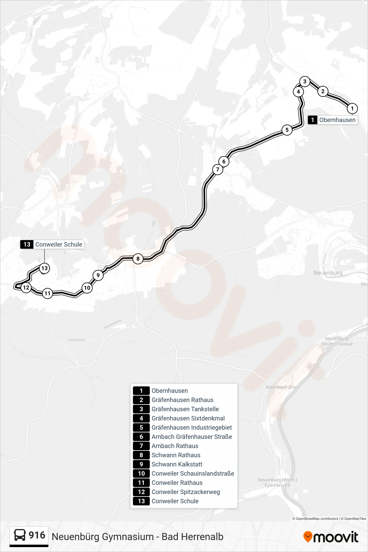 916 bus Line (Conweiler Schule) route and stops on a map