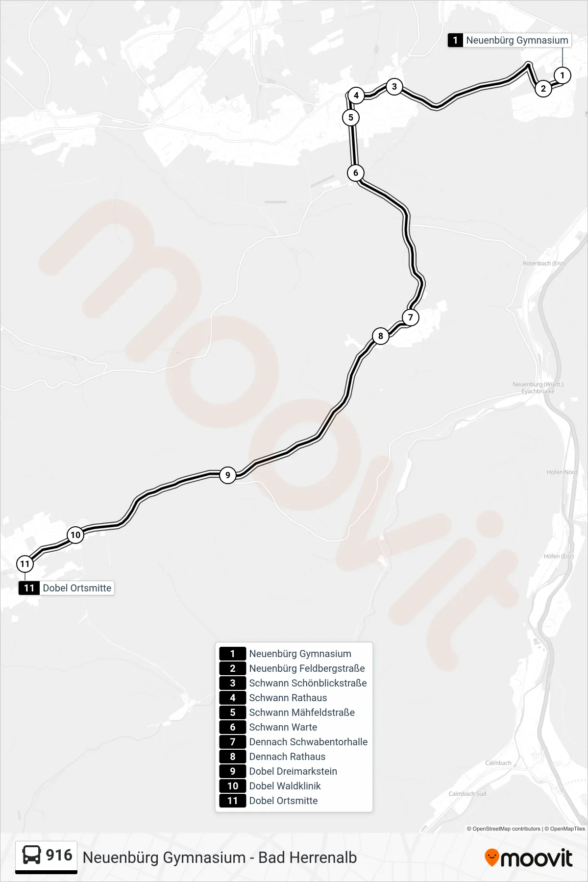 916 bus Line (Dobel Ortsmitte) route and stops on a map