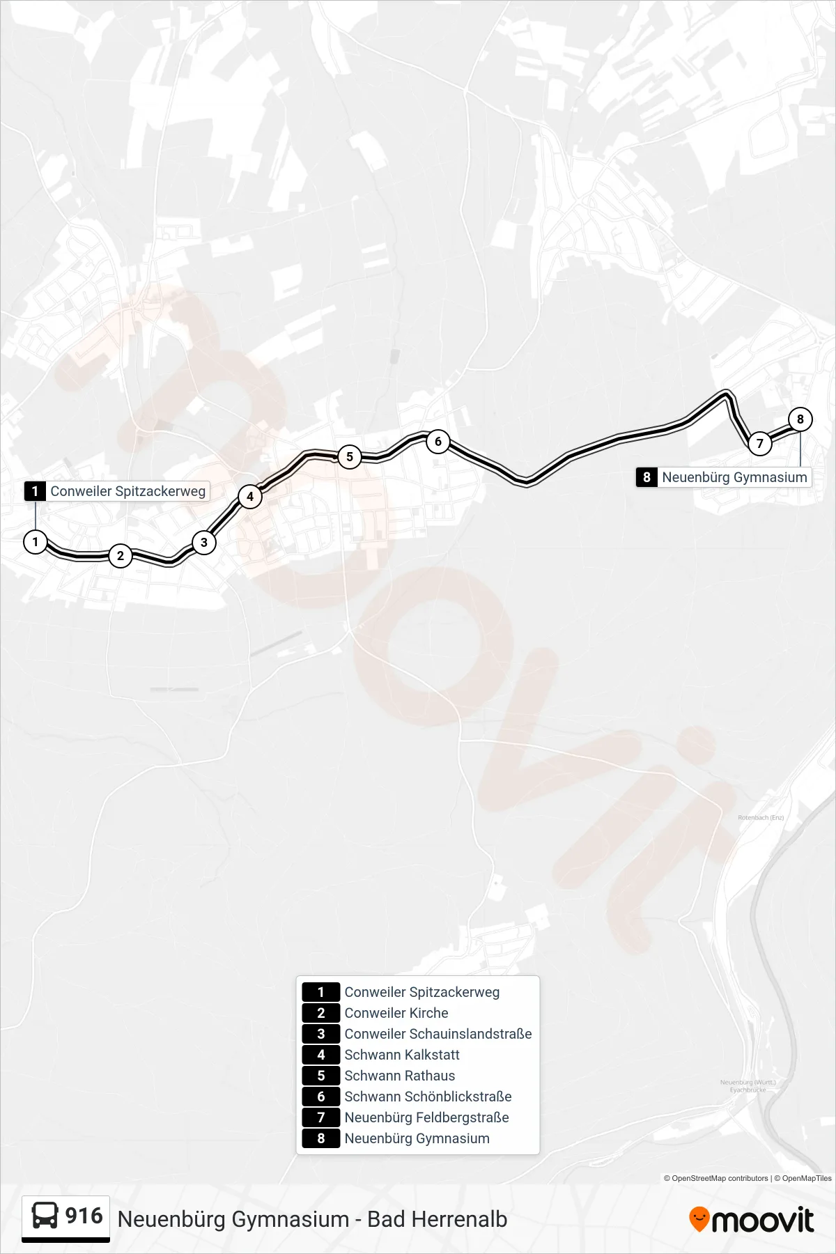916 bus Line (Neuenbürg Gymnasium) route and stops on a map