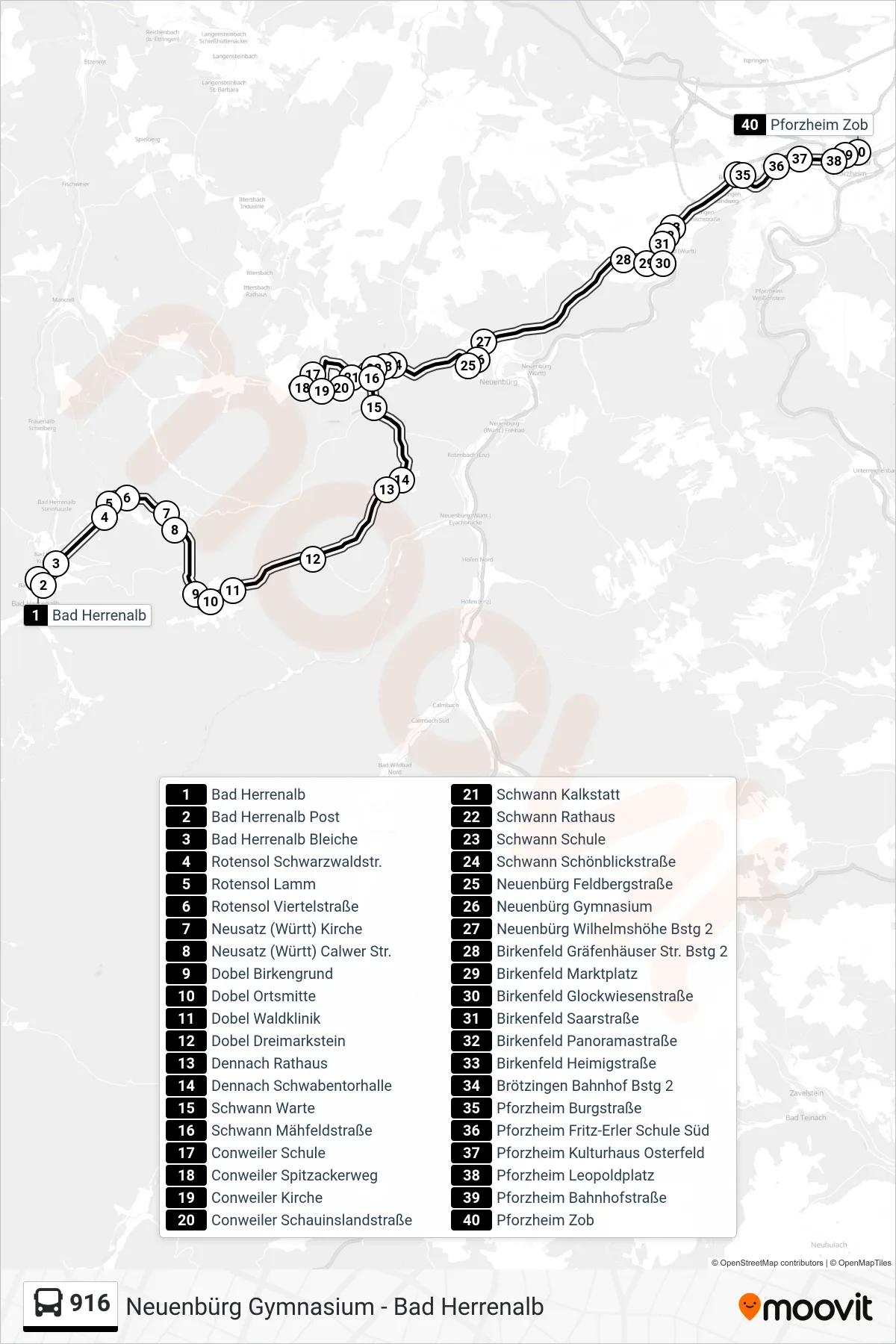 916 bus Line (Pforzheim Zob) route and stops on a map