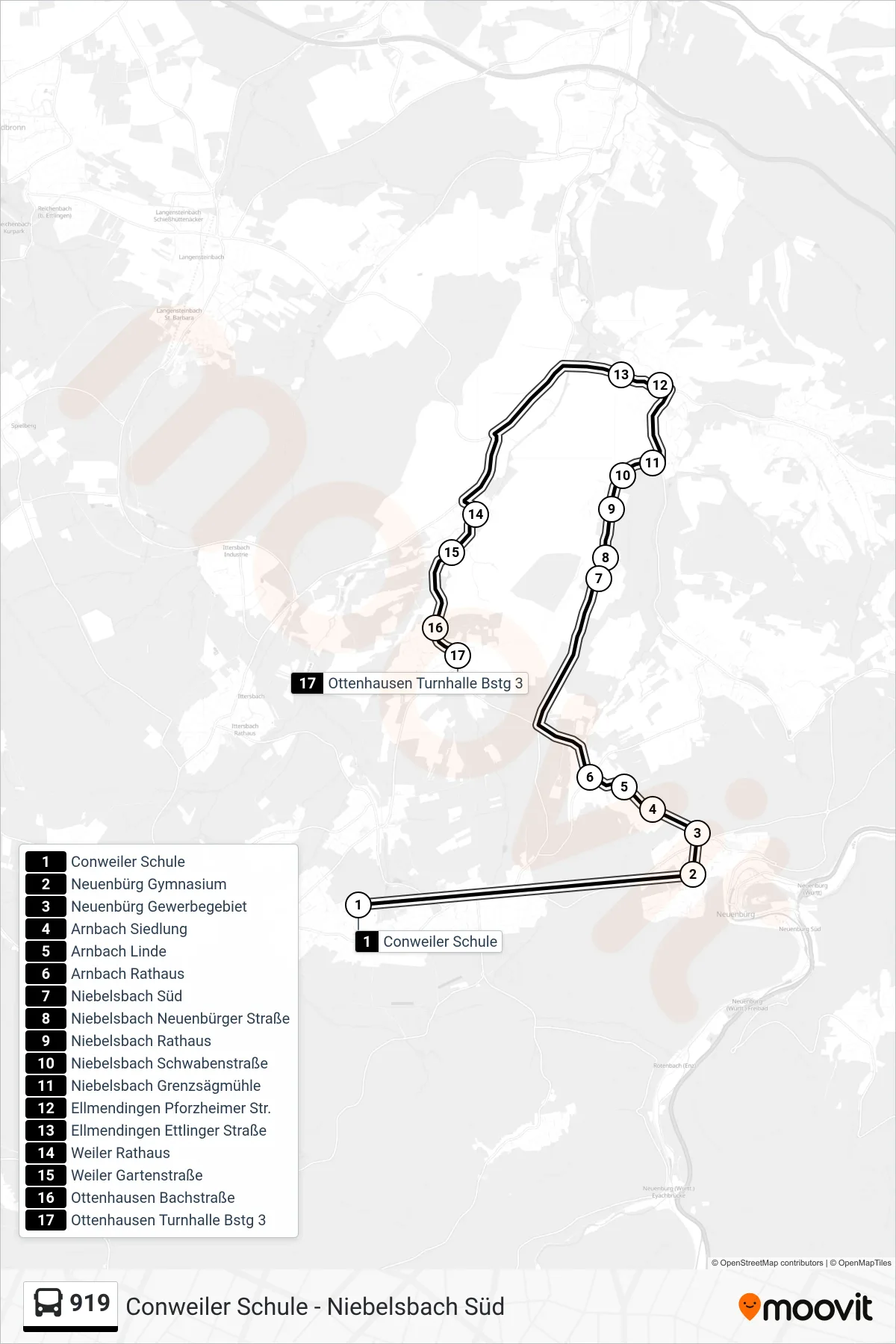 919 bus Line (Ottenhausen Turnhalle) route and stops on a map