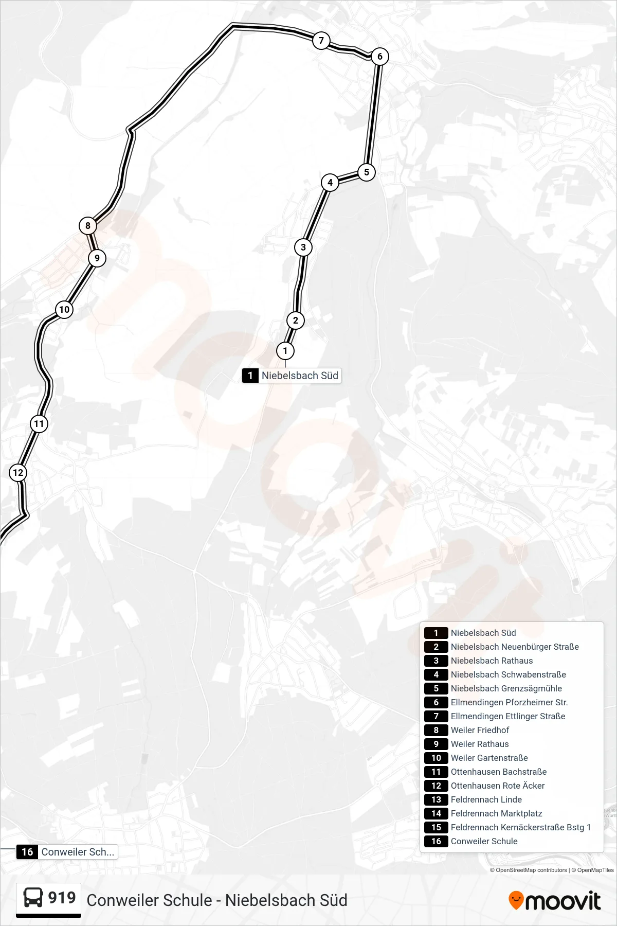 919 bus Line (Conweiler Schule) route and stops on a map