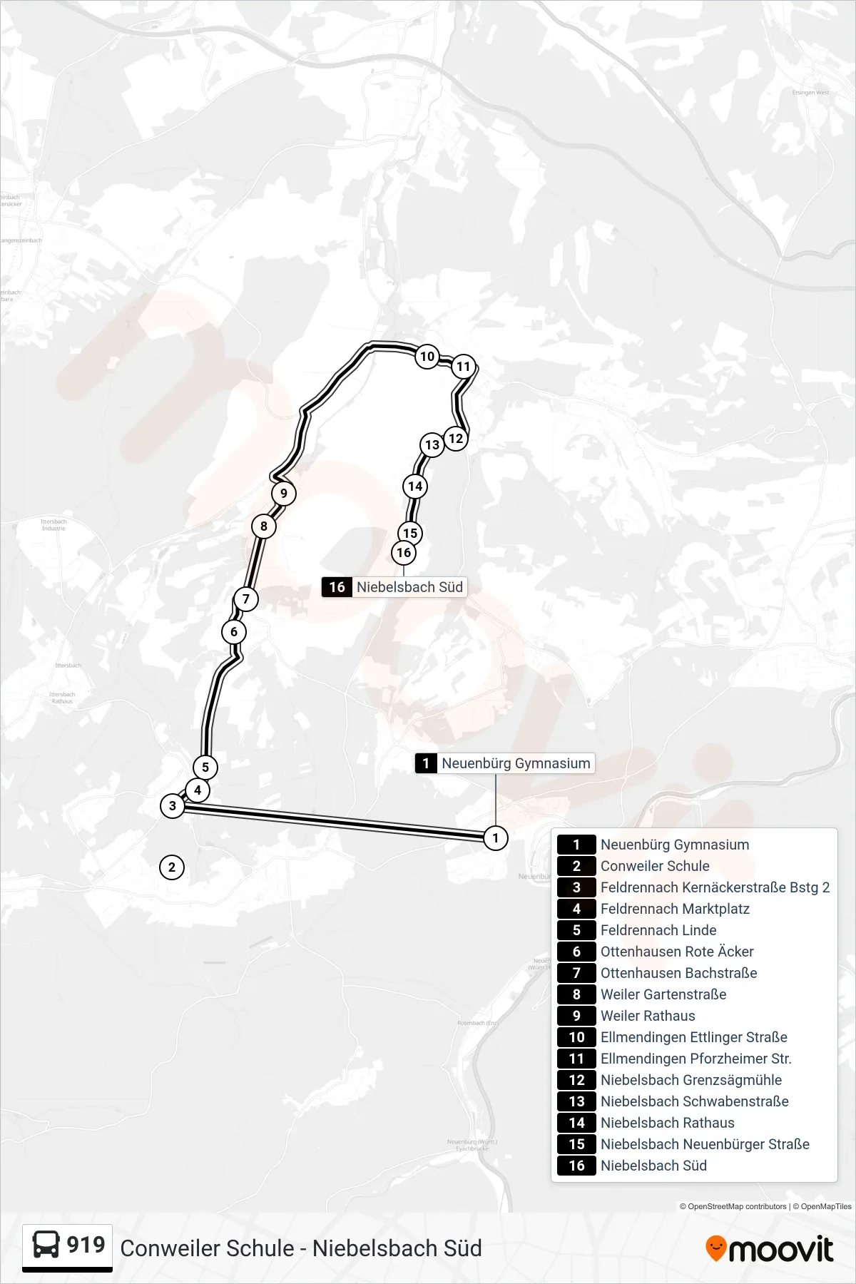 Linie 919 (Bus) Richtung Niebelsbach Süd: Route und Haltestellen auf der Karte