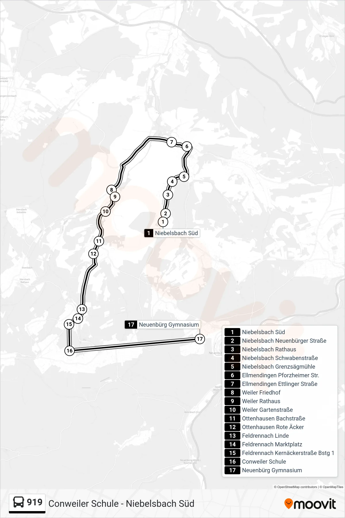 919 bus Line (Neuenbürg Gymnasium) route and stops on a map