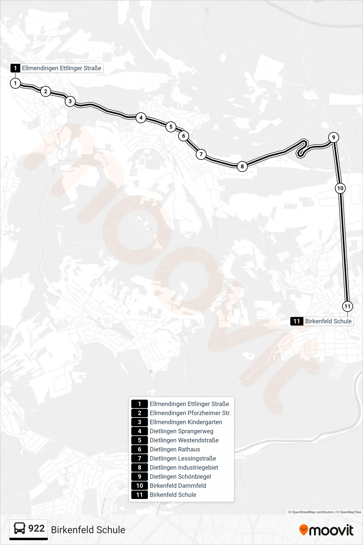 922 bus Line (Birkenfeld Schule) route and stops on a map