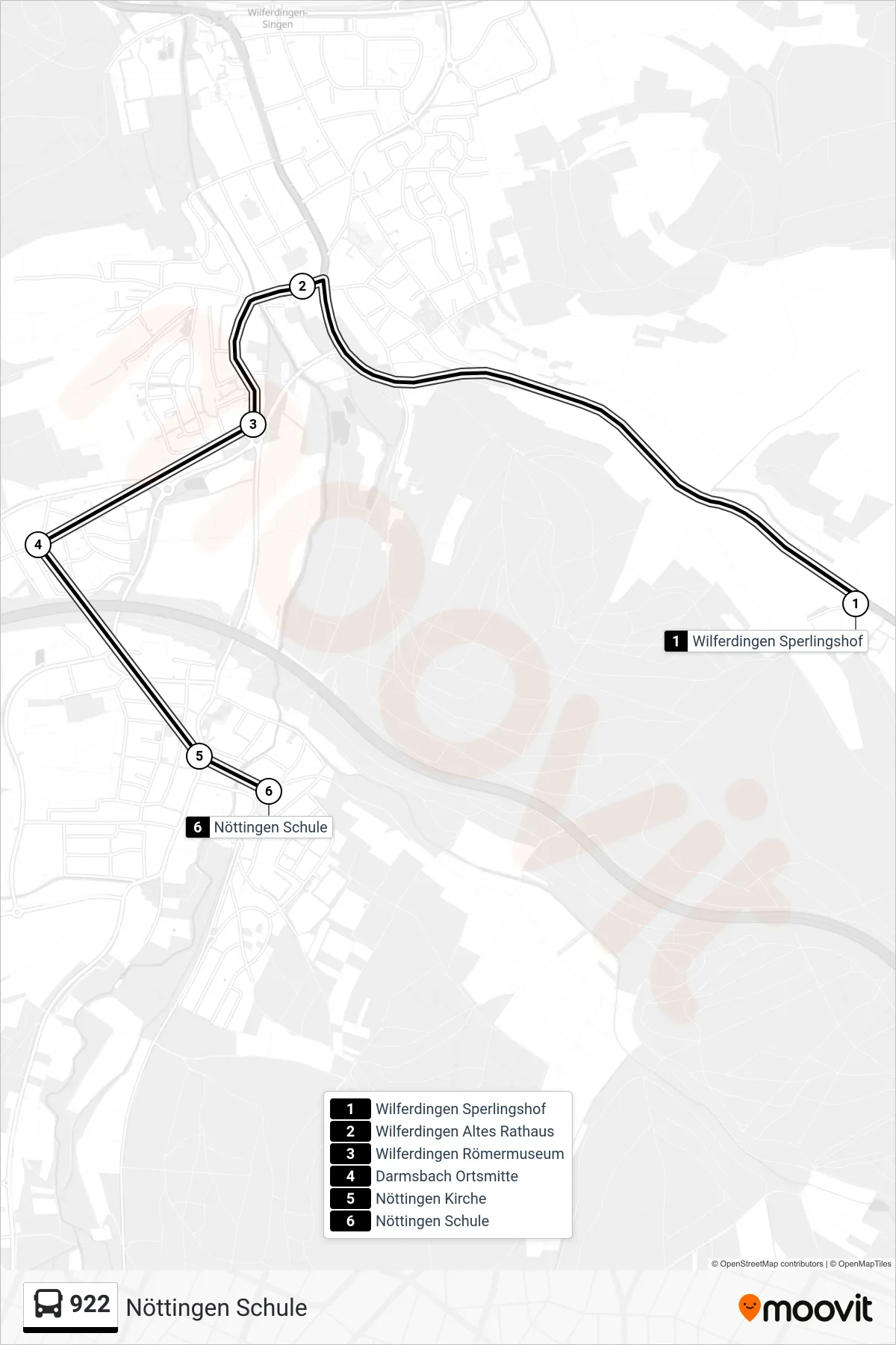 922 bus Line (Nöttingen Schule) route and stops on a map