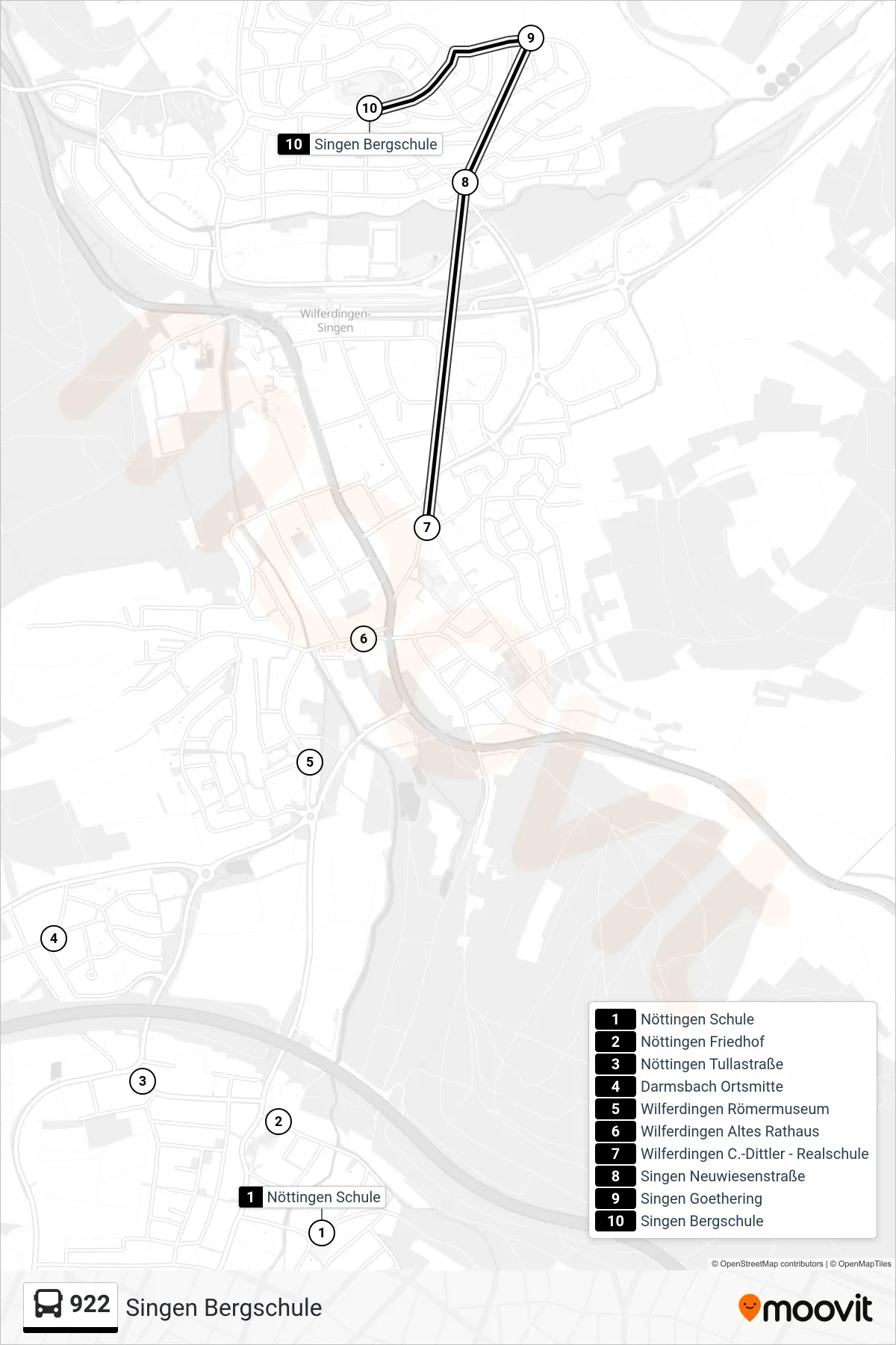 922 bus Line (Singen Bergschule) route and stops on a map
