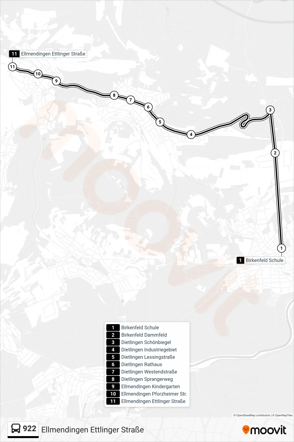 922 bus Line (Ellmendingen Ettlinger Straße) route and stops on a map