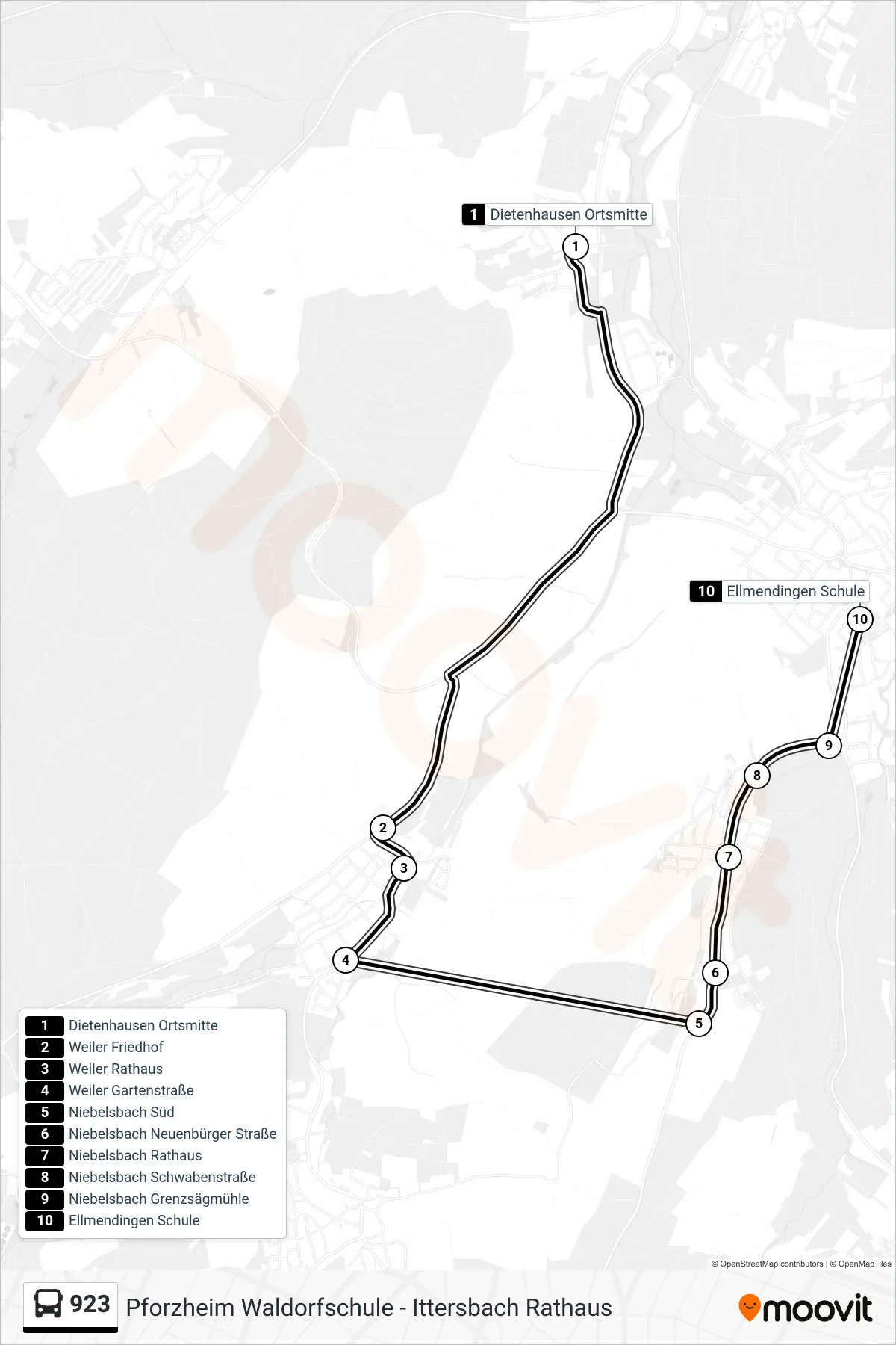 923 bus Line (Ellmendingen Schule) route and stops on a map