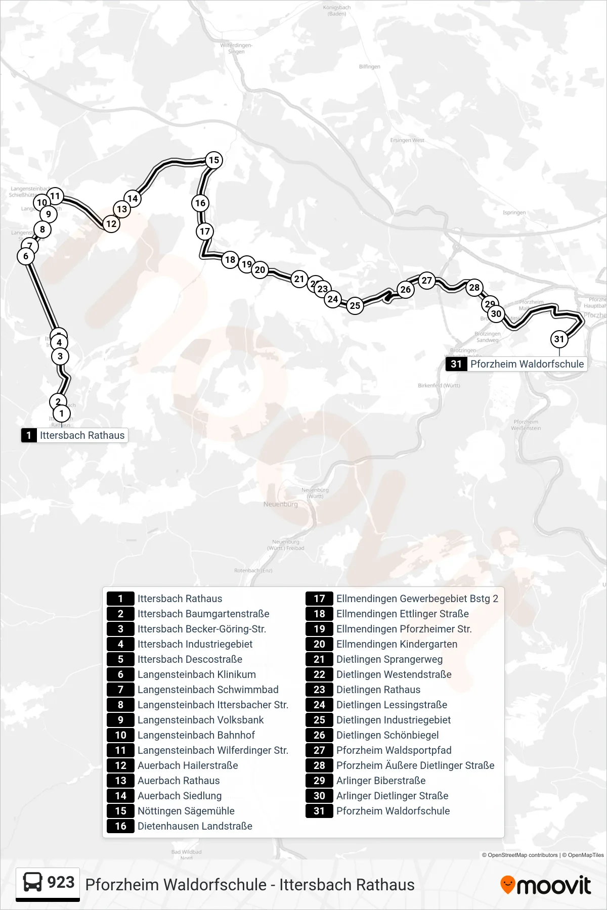 923 bus Line (Pforzheim Waldorfschule) route and stops on a map