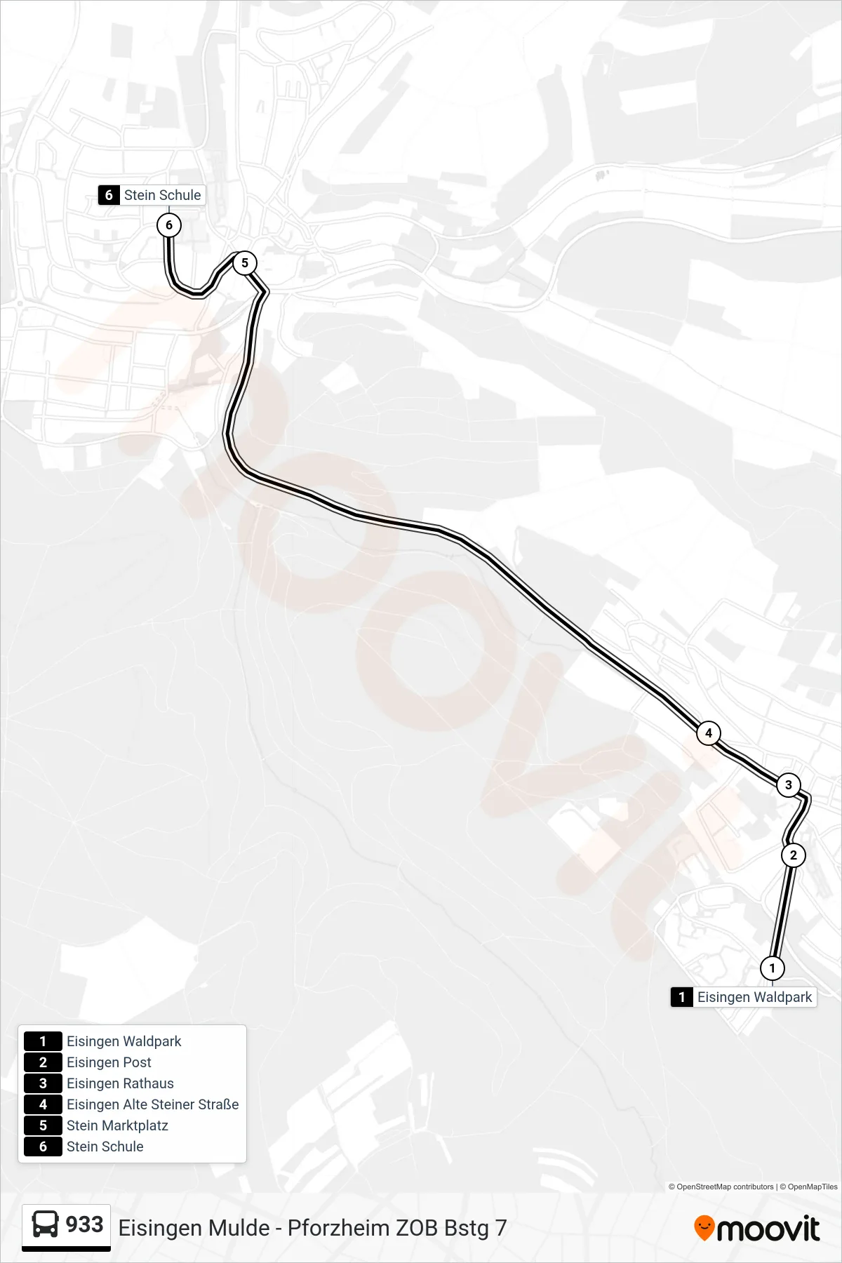 933 bus Line (Stein Schule) route and stops on a map
