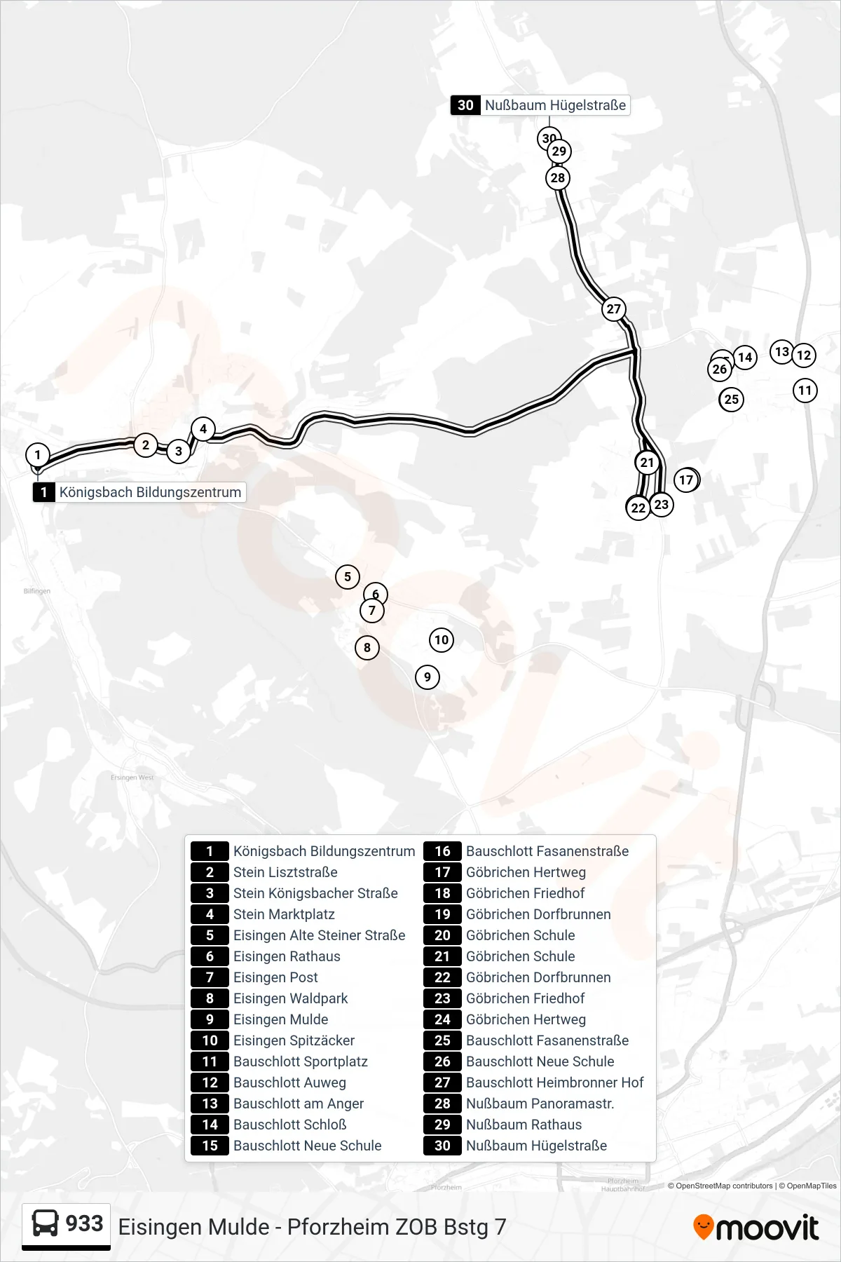 933 bus Line (Nußbaum Hügelstraße) route and stops on a map