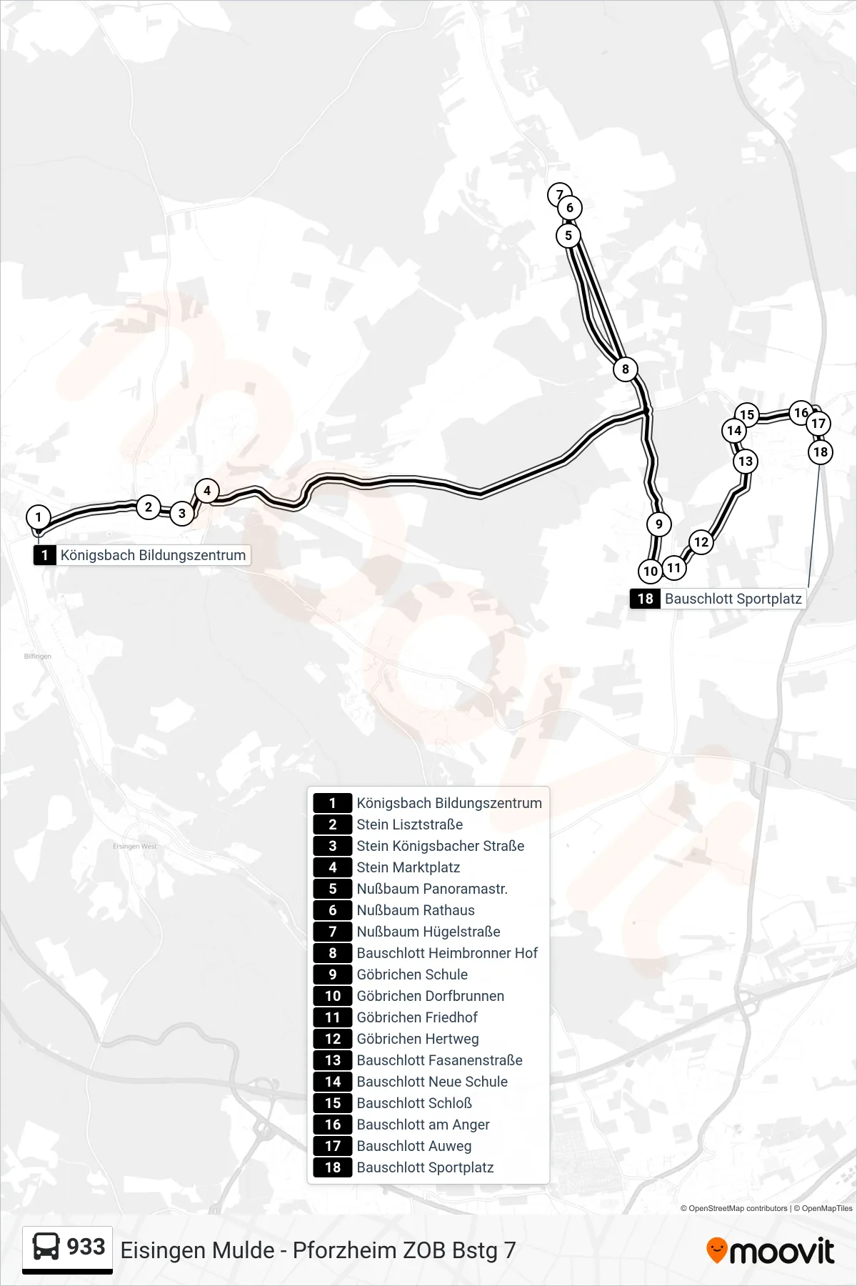 933 bus Line (Bauschlott Sportplatz) route and stops on a map