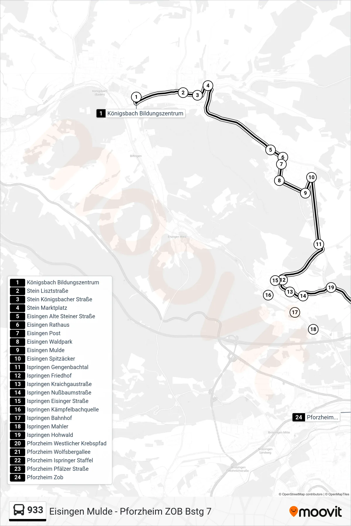 933 bus Line (Pforzheim Zob) route and stops on a map