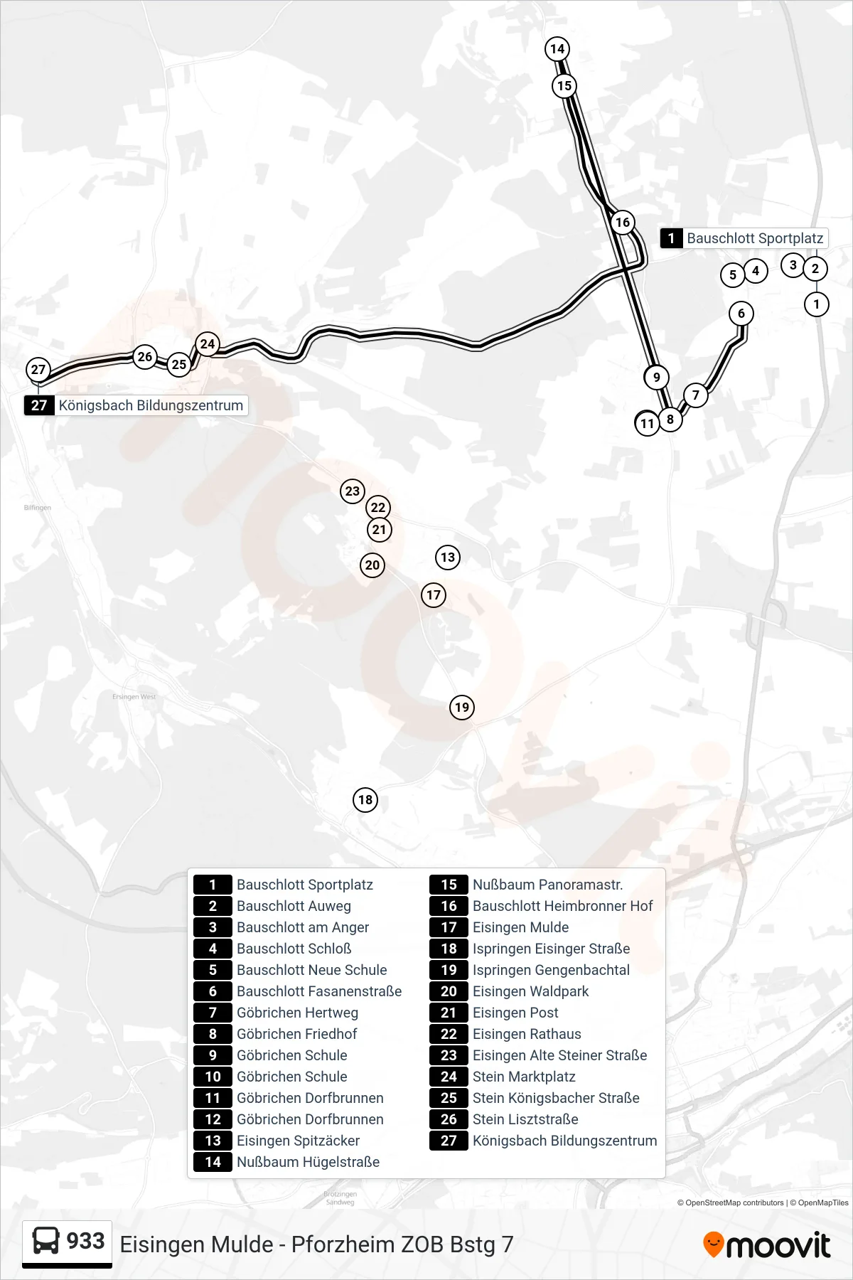 933 bus Line (Königsbach Bildungszentrum) route and stops on a map