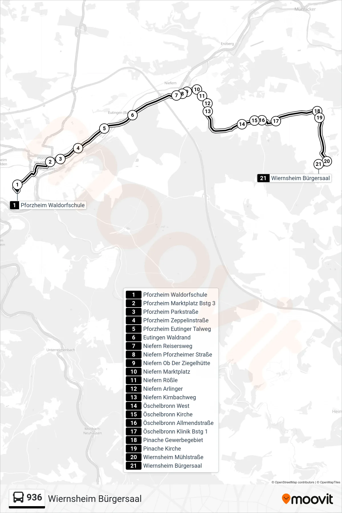 936 bus Line (Wiernsheim Bürgersaal) route and stops on a map