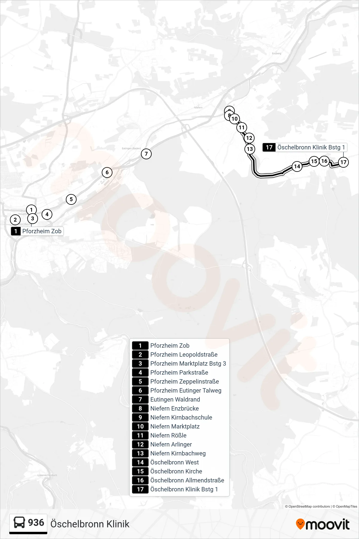 936 bus Line (Öschelbronn Klinik) route and stops on a map