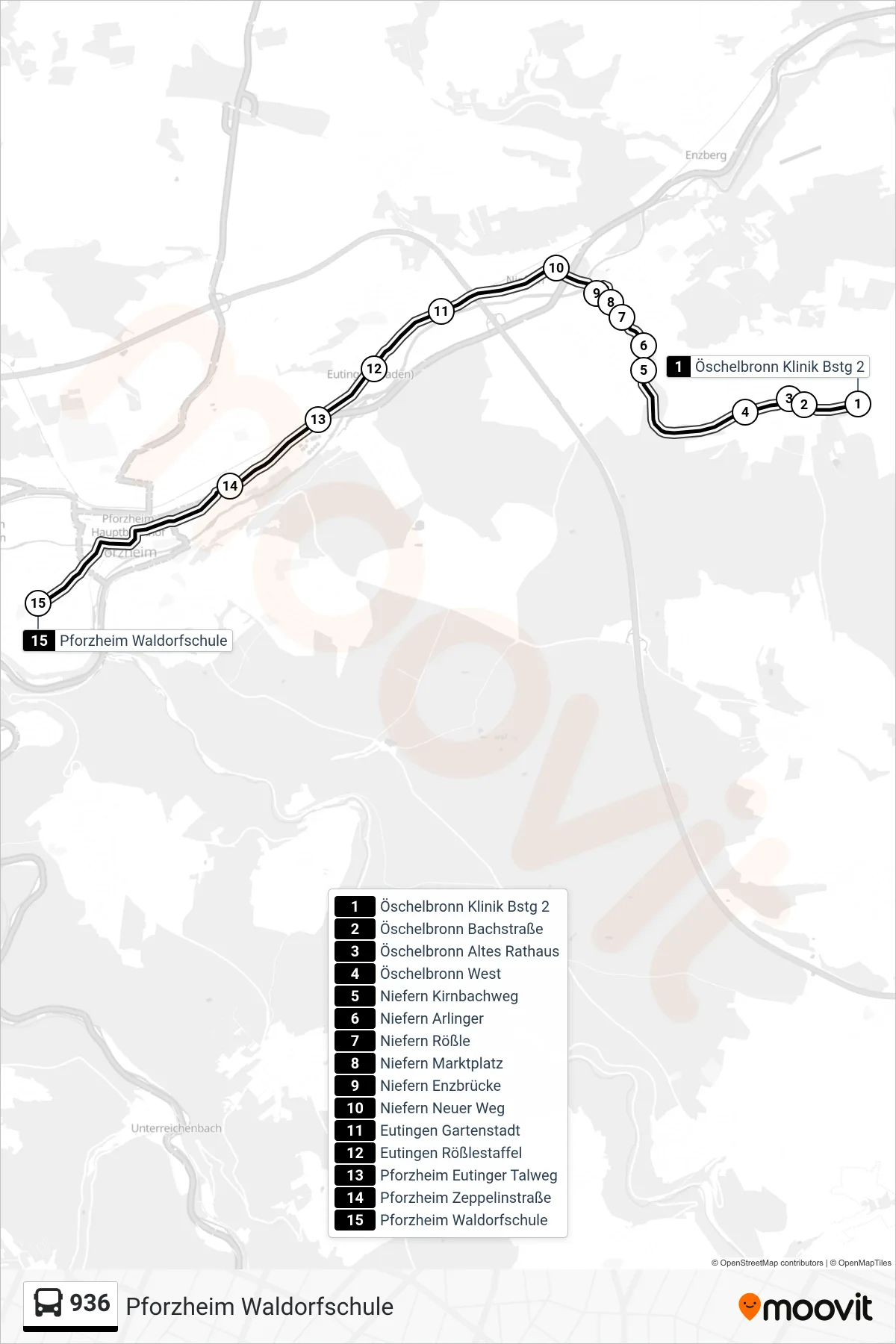 Linie 936 (Bus) Richtung Pforzheim Waldorfschule: Route und Haltestellen auf der Karte