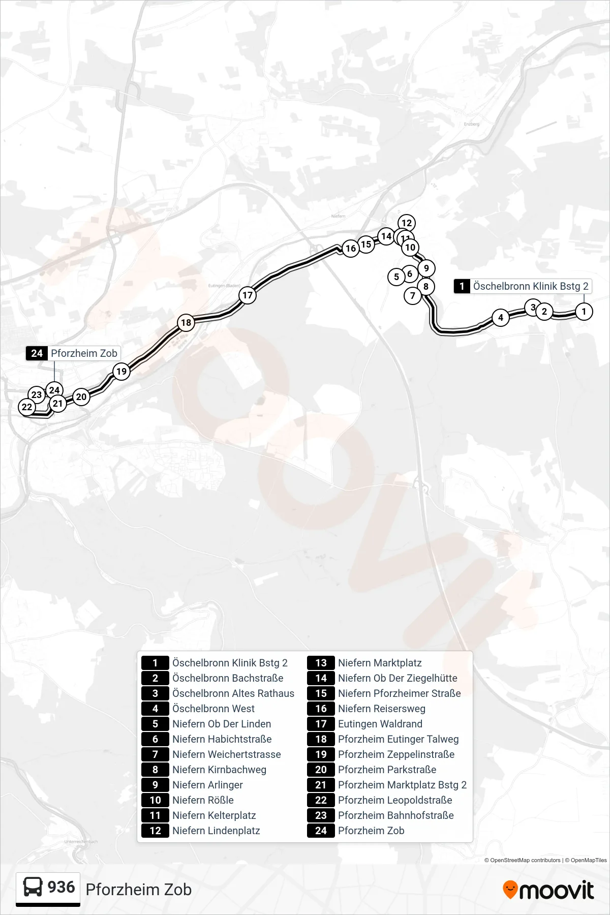 936 bus Line (Pforzheim Zob) route and stops on a map