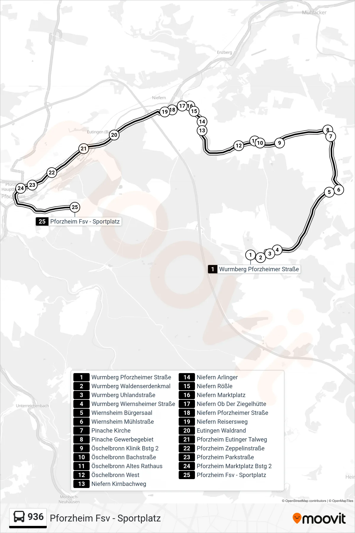 936 bus Line (Pforzheim Fsv - Sportplatz) route and stops on a map