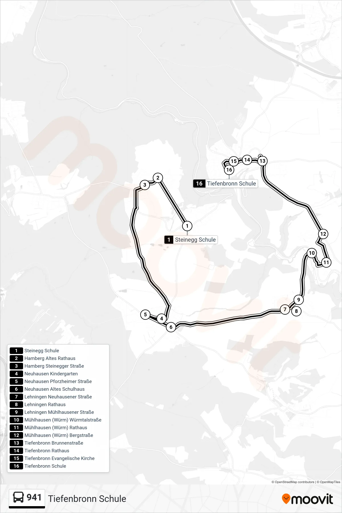 941 bus Line (Tiefenbronn Schule) route and stops on a map