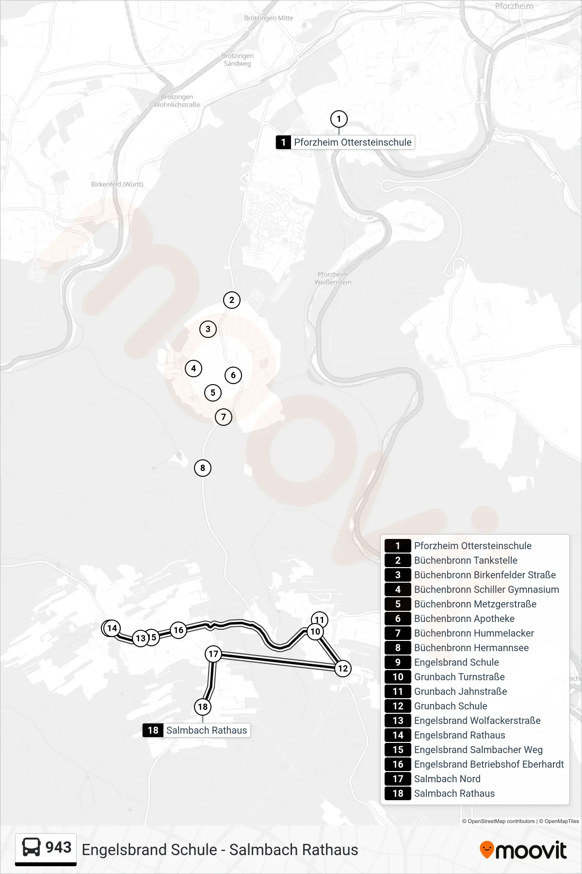 943 bus Line (Salmbach Rathaus) route and stops on a map