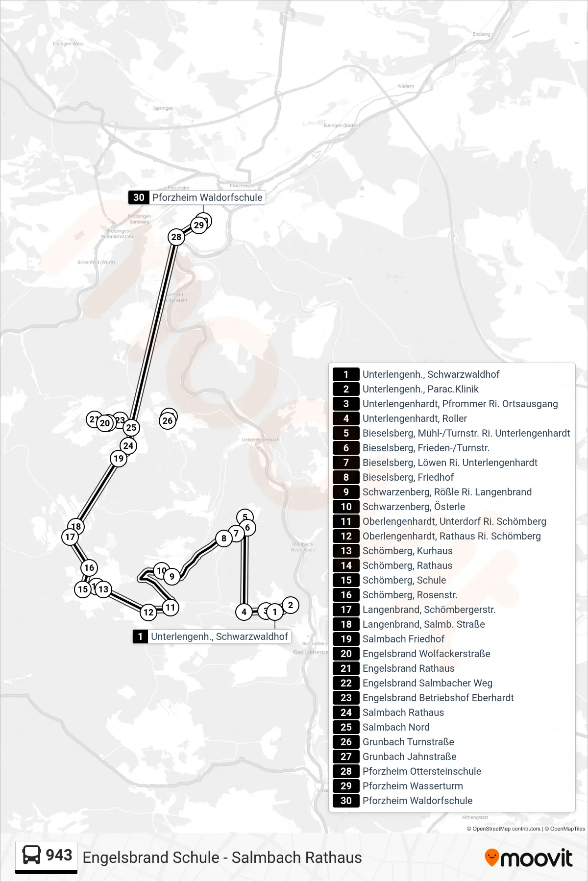943 bus Line (Pforzheim Waldorfschule) route and stops on a map