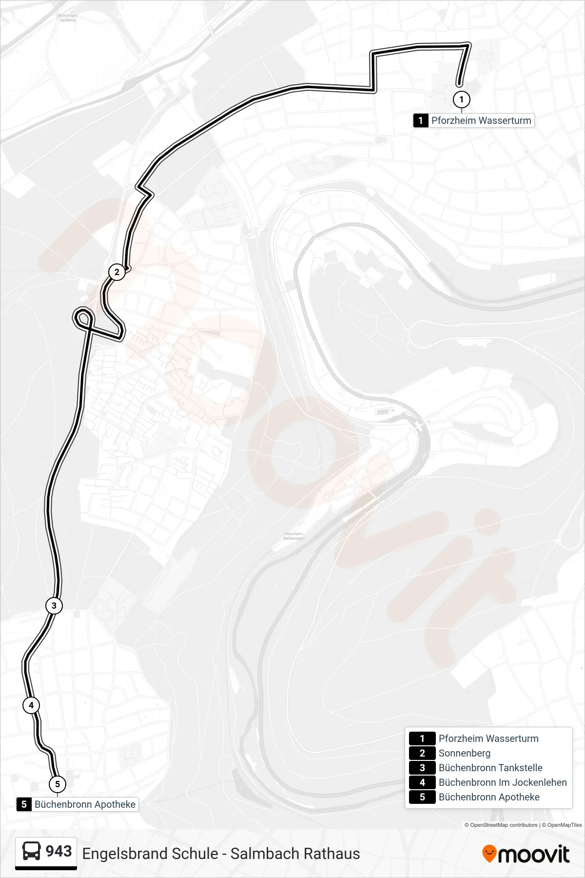 943 bus Line (Büchenbronn Apotheke) route and stops on a map