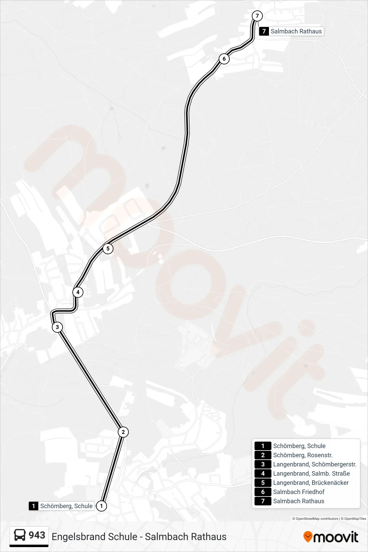 943 bus Line (Salmbach Rathaus) route and stops on a map